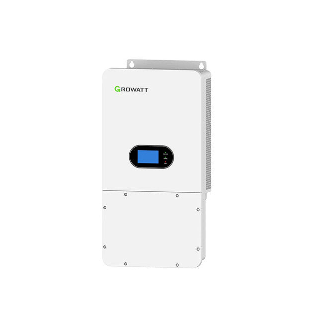 Growatt 10kW hybrid inverter from Portable Sun LLC showing side view with digital display and connection ports.