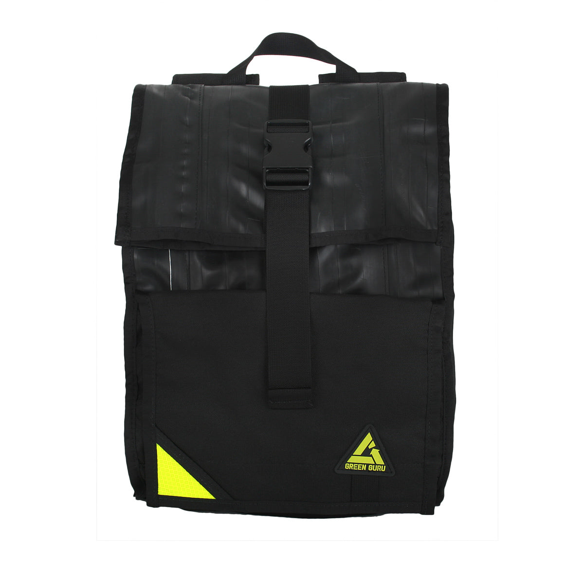 ZEITBIKE Green Guru commuter roll top backpack shown from the front, featuring a green fabric design and roll-top closure.