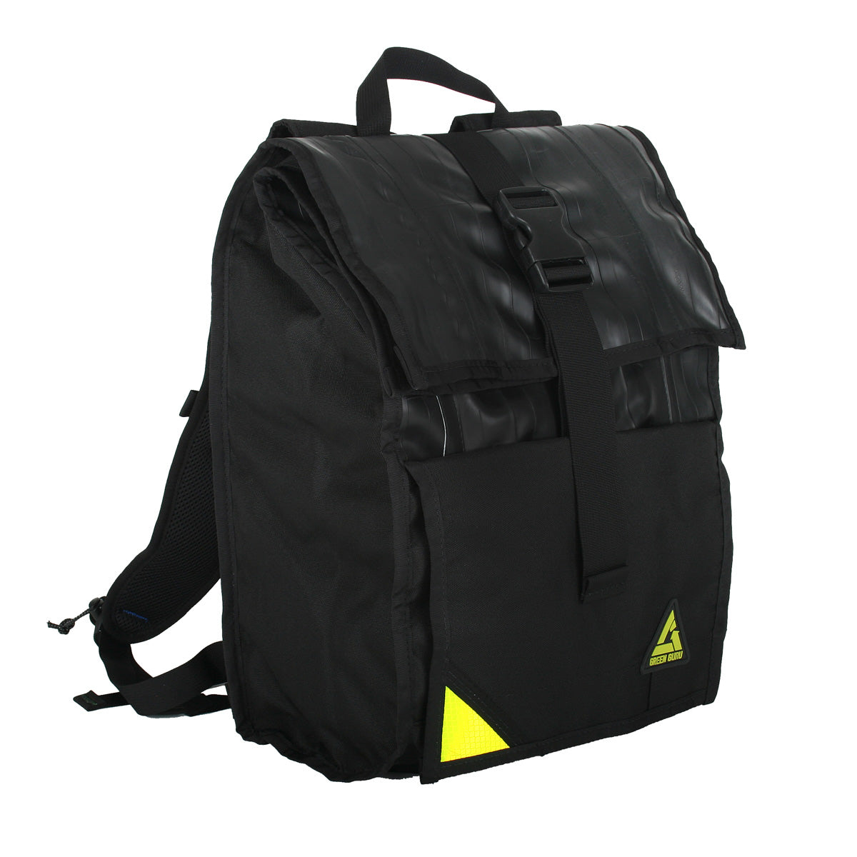 Green Guru Commuter Roll Top Backpack by ZEITBIKE, front view showing durable green bag with roll-top closure and adjustable straps.