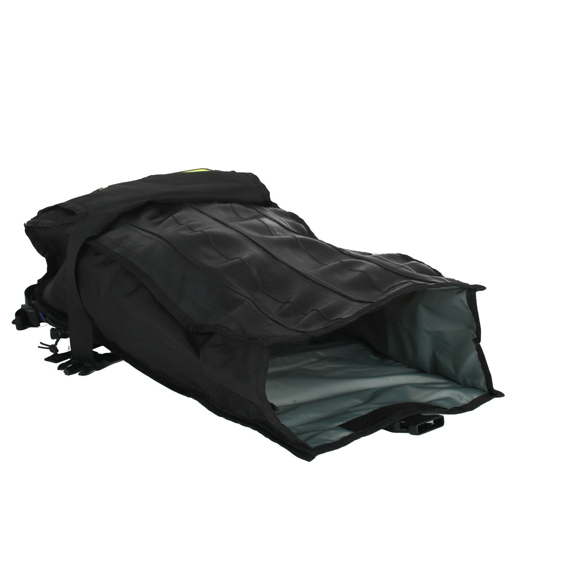 Open Green Guru Commuter Roll Top Backpack by ZEITBIKE showing inside compartments and ergonomic straps for daily cycling.