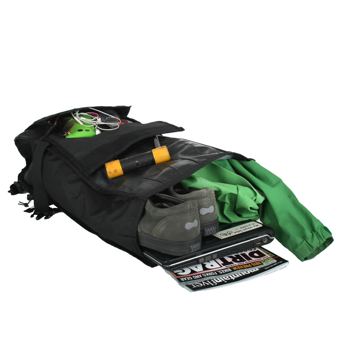 Open view of ZEITBIKE Green Guru Commuter Roll Top Backpack with roll-top closure, showing compartments and adjustable straps.