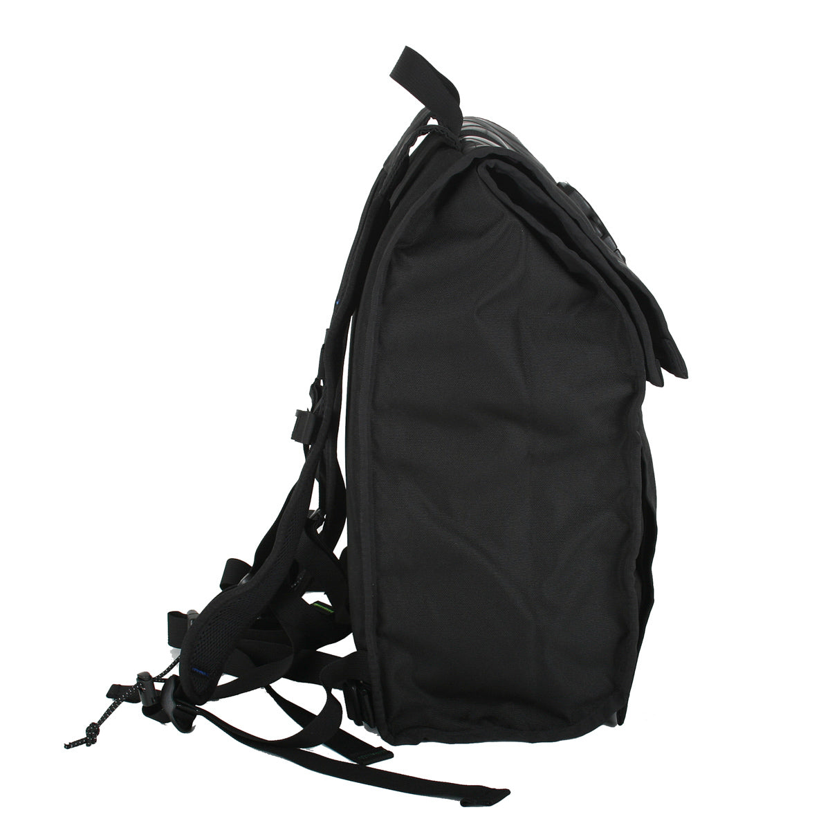 Side view of Green Guru Commuter Roll Top Backpack by ZEITBIKE, showing its durable green bag with roll-top closure and adjustable straps.