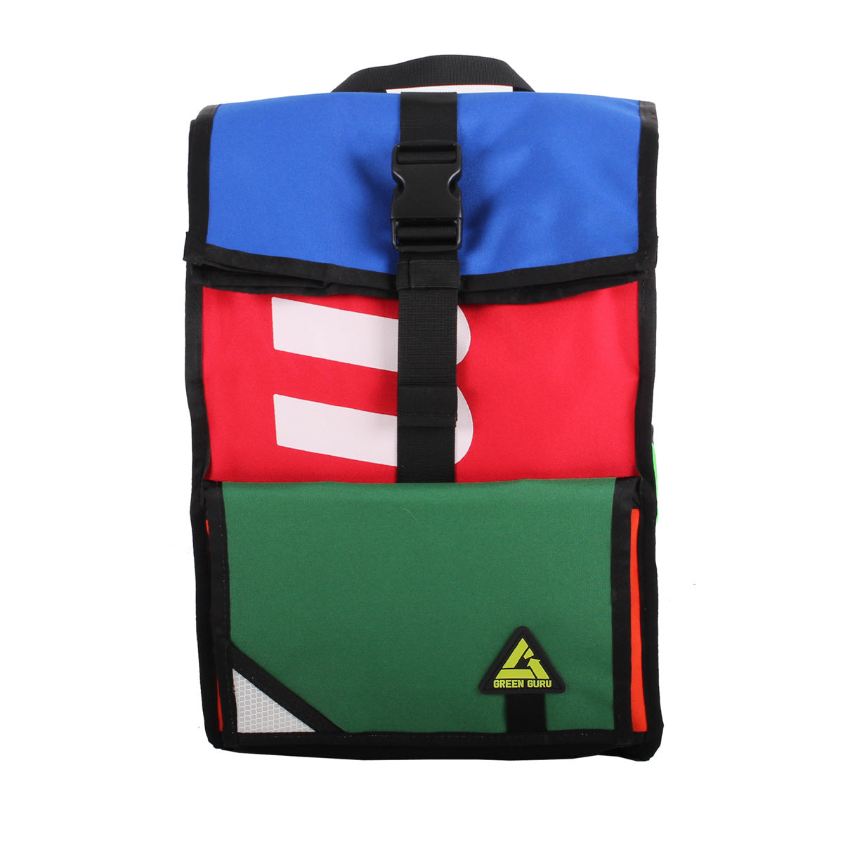 Green Guru Joyride Roll Top Backpack by ZEITBIKE, front view showing durable green fabric, roll-top closure, and adjustable straps.