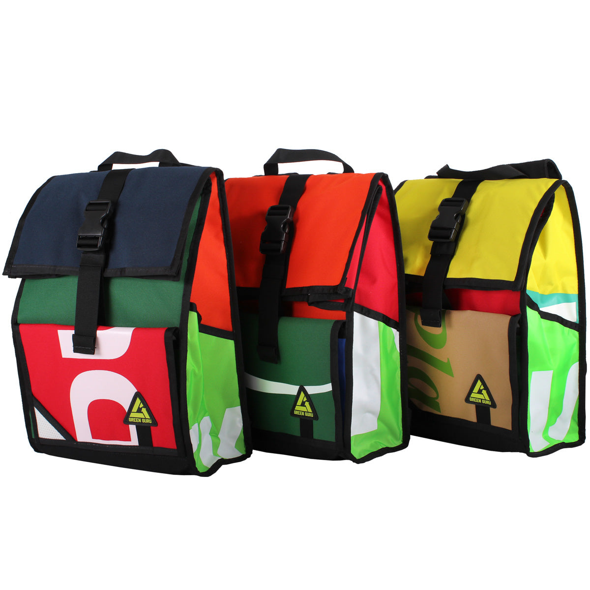 Green Guru Joyride Roll Top Backpack by ZEITBIKE, shown in multi-color with roll-top closure and adjustable straps.