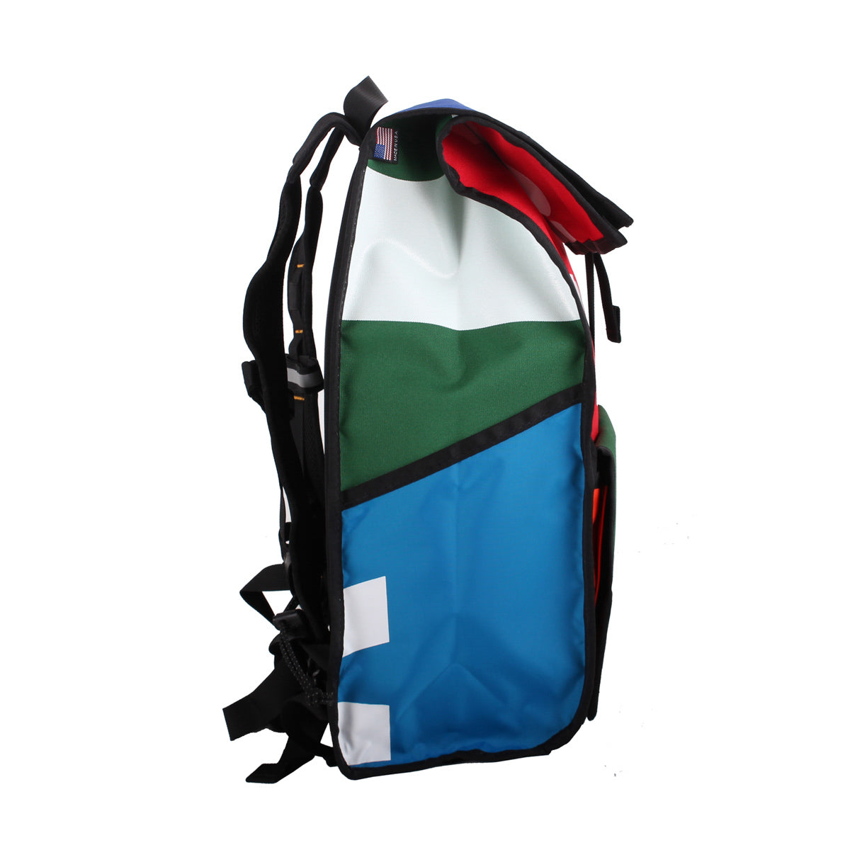 Green Guru Joyride Roll Top Backpack by ZEITBIKE, side view showcasing durable green bag with roll-top closure and adjustable straps.