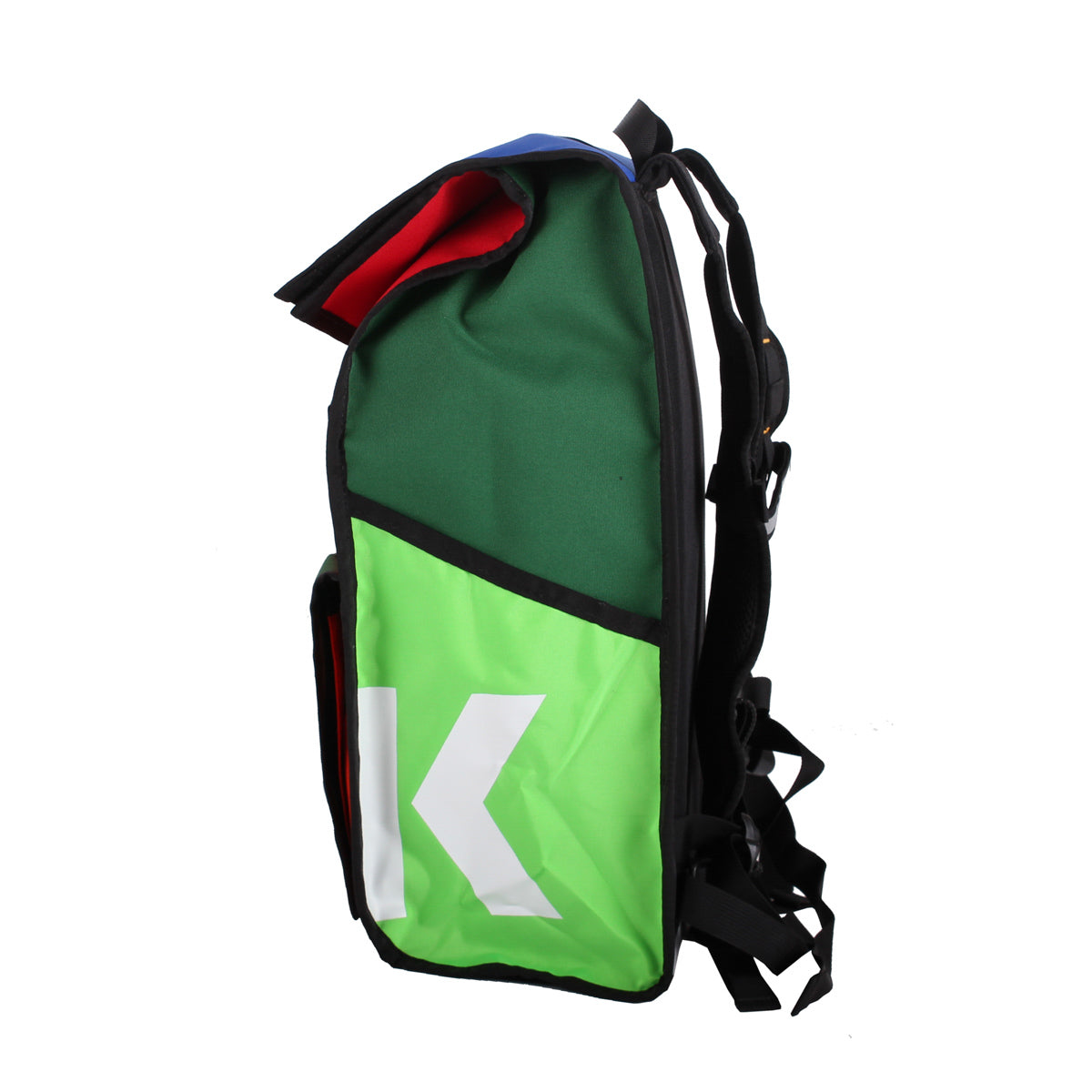 Green Guru Joyride Roll Top Backpack by ZEITBIKE, side view showing durable green bag with roll-top closure and adjustable straps.