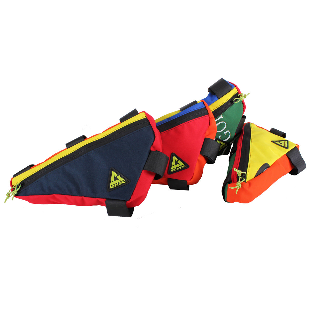 Large Green Guru Upshift Frame Bag by ZEITBIKE, shown in vibrant green, designed for bike frame storage with adjustable straps.