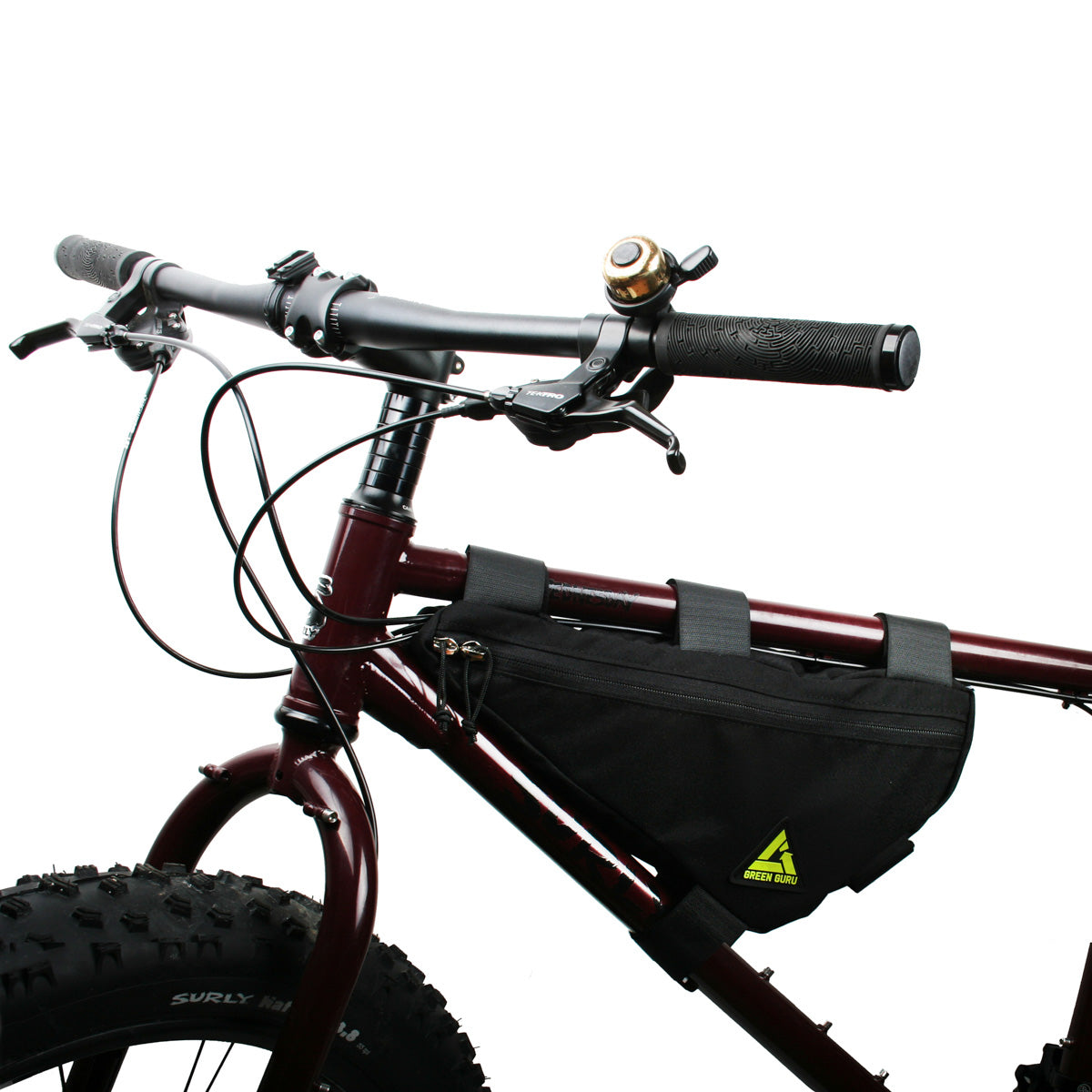 Large Green Guru Upshift Frame Bag by ZEITBIKE, black and white, mounted on bicycle frame, designed for bike storage and organization.