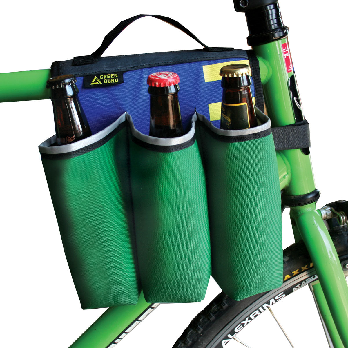 Green Guru Sixer 6-Pack Bottle Holder by ZEITBIKE, multi-color bag designed for bike bottles and cycling accessories.