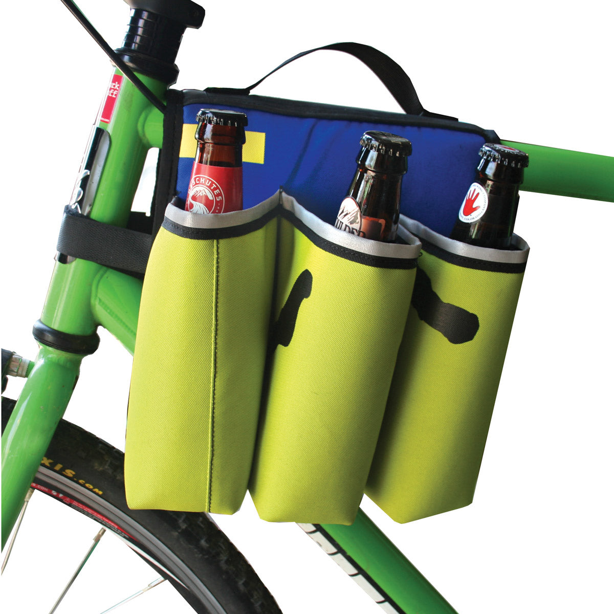 ZEITBIKE Green Guru Sixer 6-Pack Bottle Holder in vibrant multi-color attached to a bike bag or pannier.