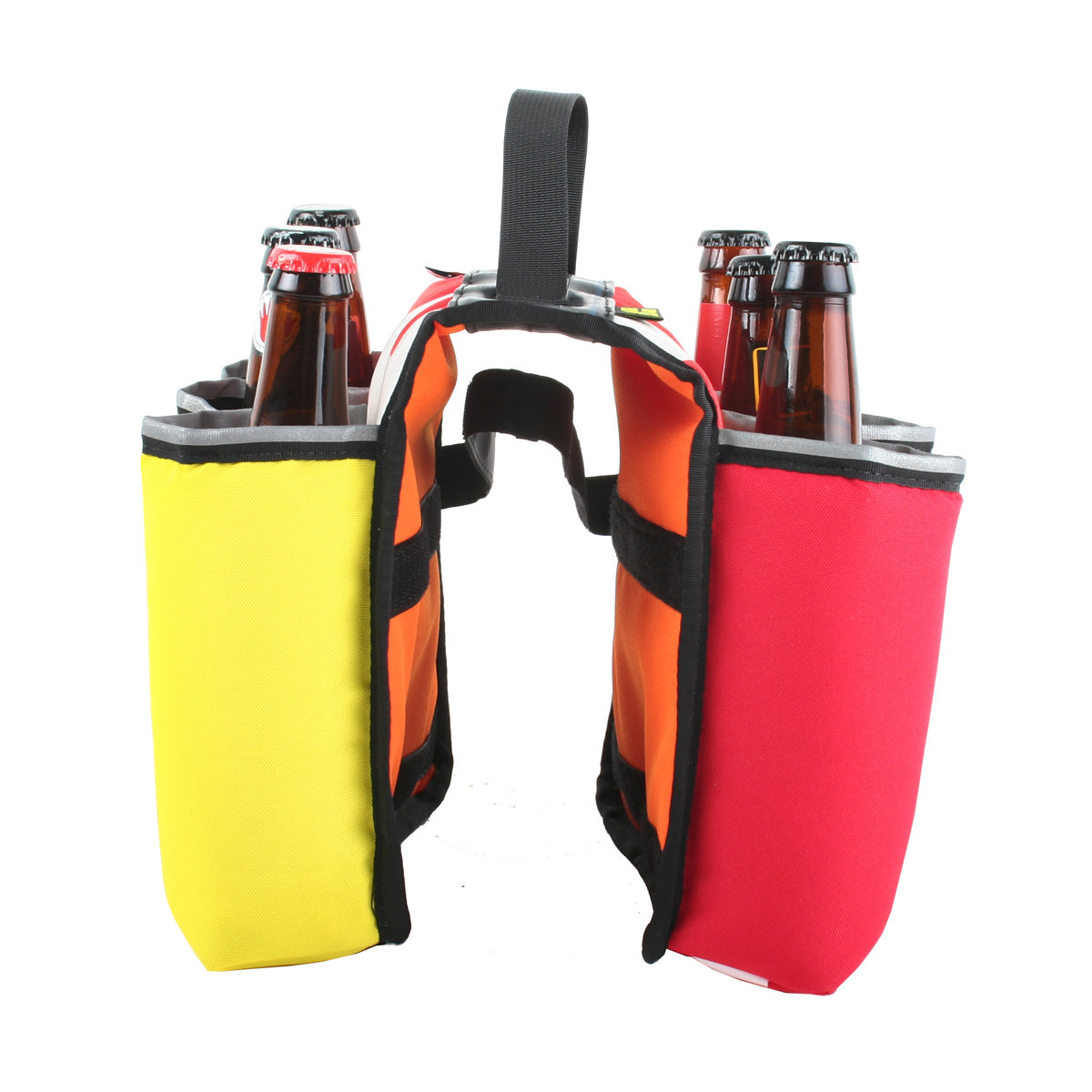 ZEITBIKE Green Guru Sixer 6-Pack Bottle Holder in multi-color attached to a bike bag, showing its compact, durable design.