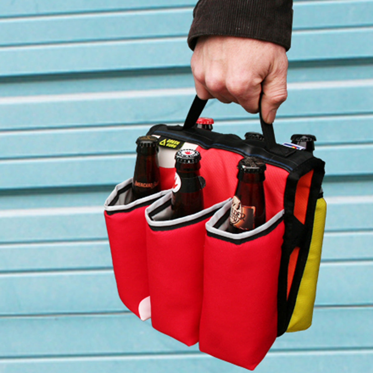 Green Guru Sixer 6-Pack Bottle Holder by ZEITBIKE, multi-color bag designed for carrying bottles on bikes and outdoor adventures