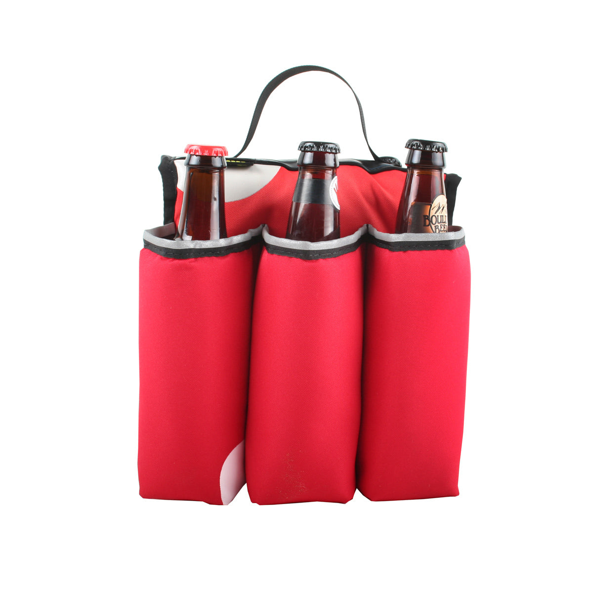 ZEITBIKE Green Guru Sixer 6-Pack Bottle Holder in multi-color attached to a bike bag, showcasing durable fabric and secure straps.