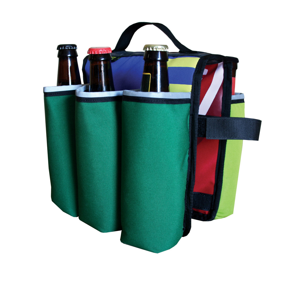 ZEITBIKE Green Guru Sixer 6-Pack Bottle Holder in multi-color, shown attached to a cycling bag or pannier.