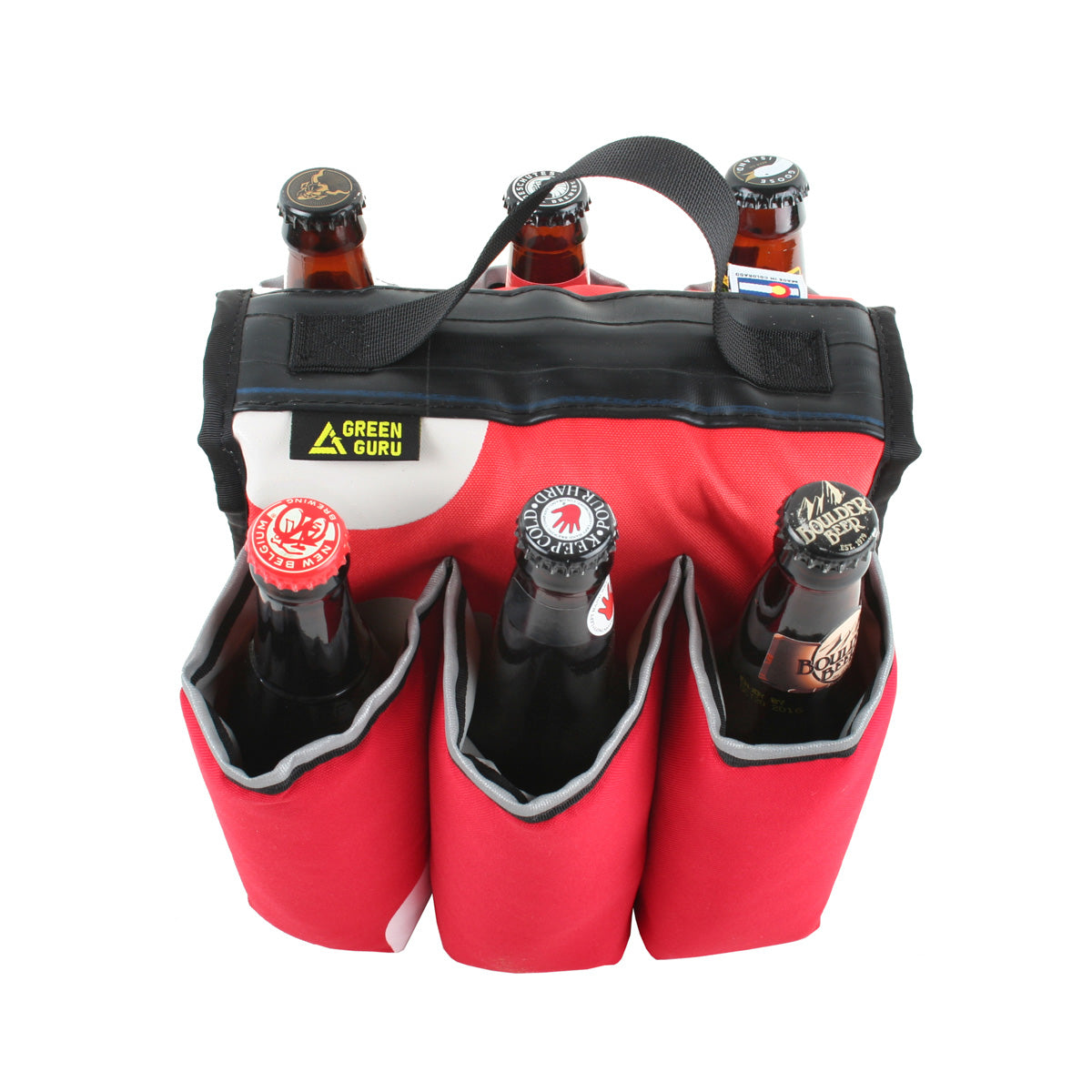 Green Guru Sixer 6-Pack Bottle Holder by ZEITBIKE, multi-color bag designed for cycling bottles and accessories.