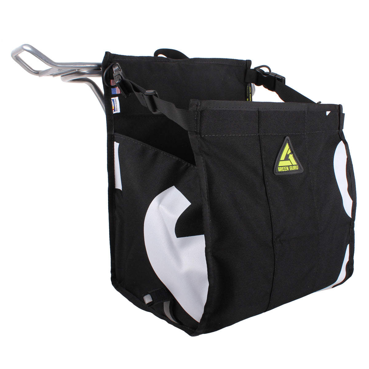 Green Guru Freerider Grocery Pannier by ZEITBIKE, black and white bike bag with spacious interior for groceries and essentials.