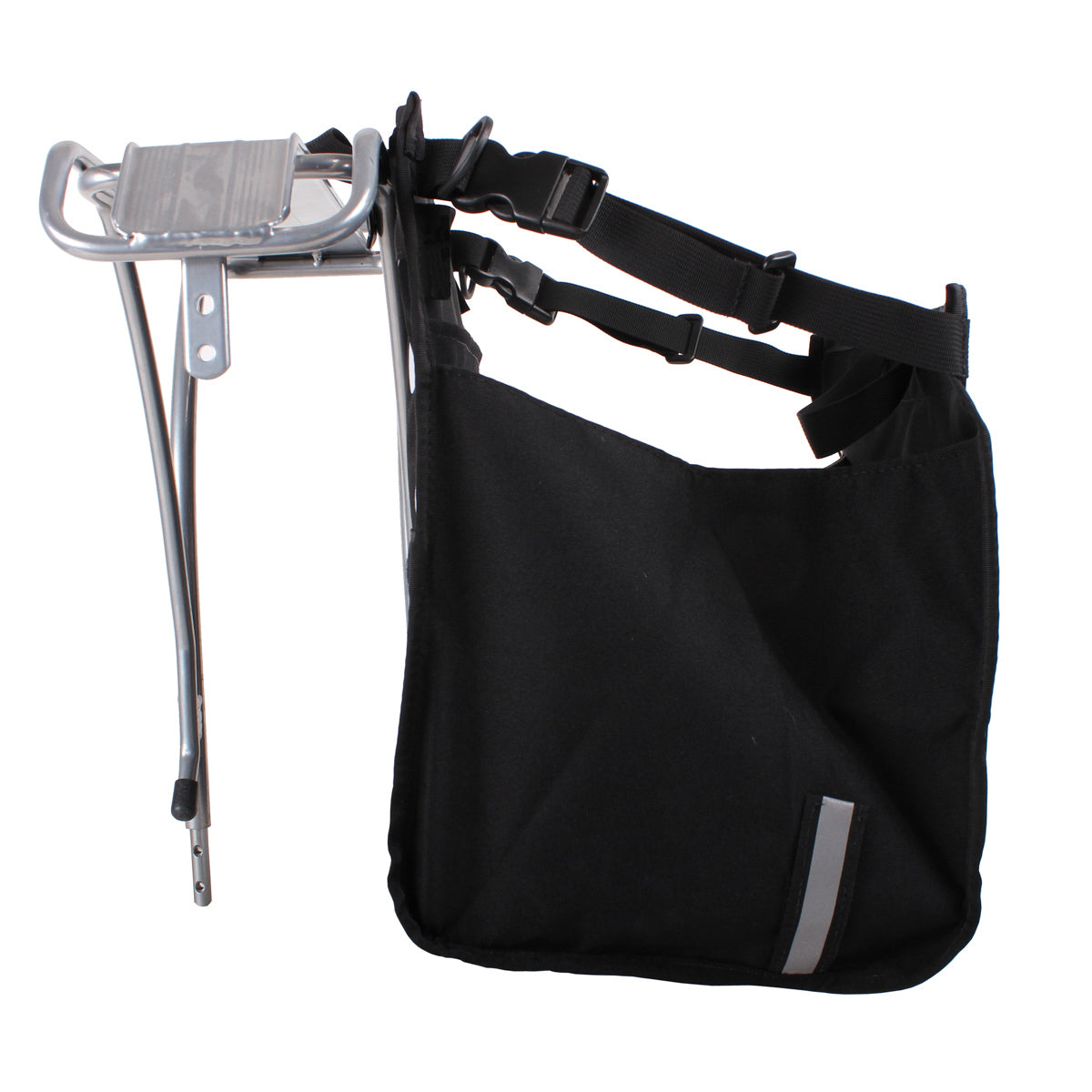 ZEITBIKE Green Guru Freerider Grocery Pannier on bike rack, black and white design, durable bags for shopping and commuting.