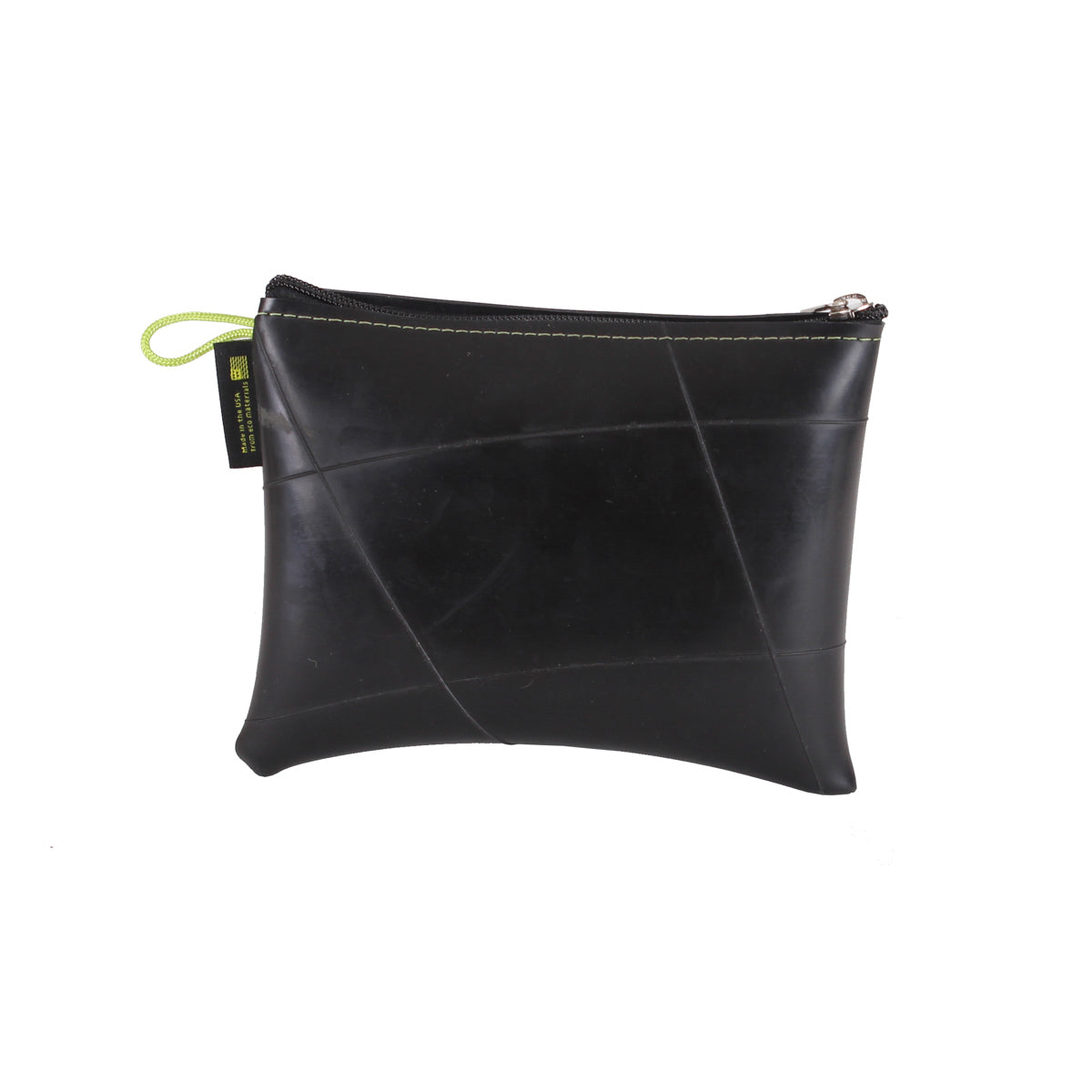 Large green zipper pouch from ZEITBIKE's Green Guru collection, shown closed with visible zipper and fabric texture.