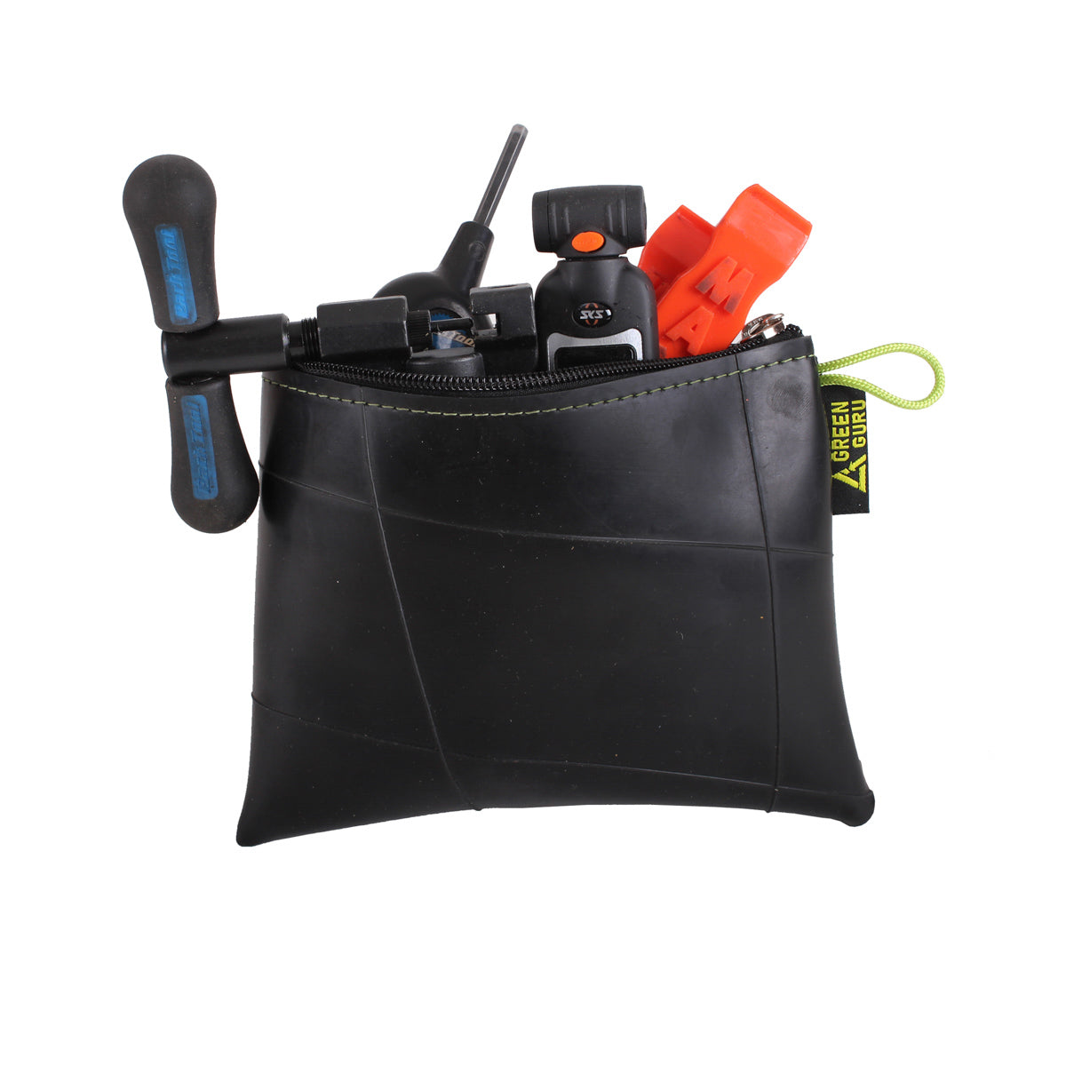 Open green large zipper pouch from ZEITBIKE's Green Guru bags and panniers collection, showing interior compartments and zipper closure.