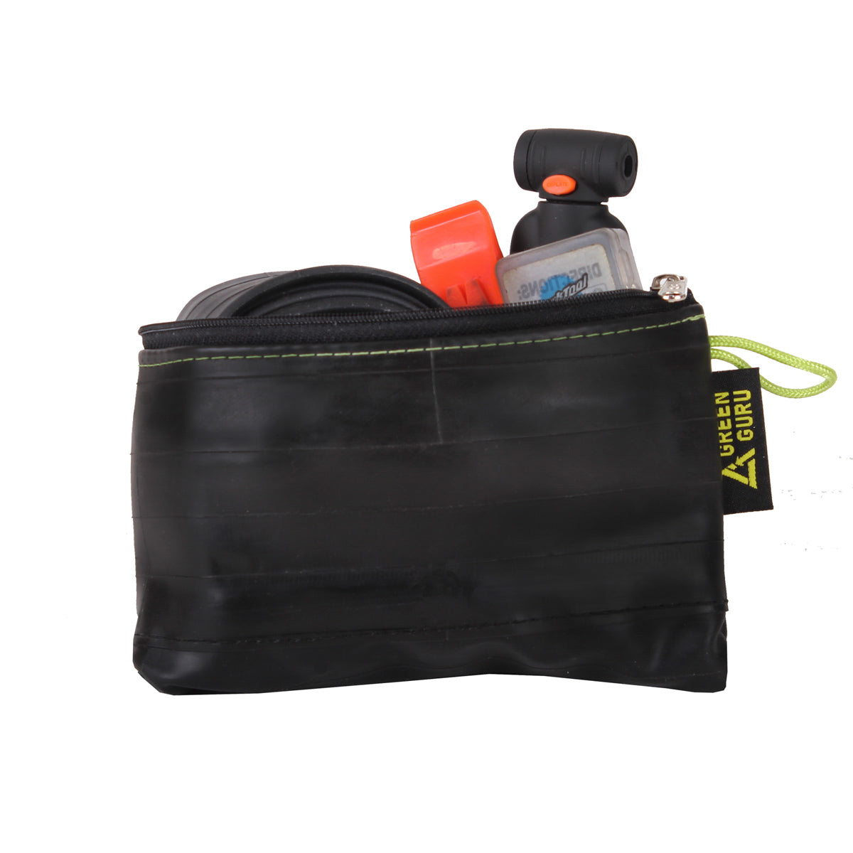 Open Green Guru mid-size zipper pouch by ZEITBIKE showing interior compartments, made of eco-friendly materials, ideal for organizing essentials.