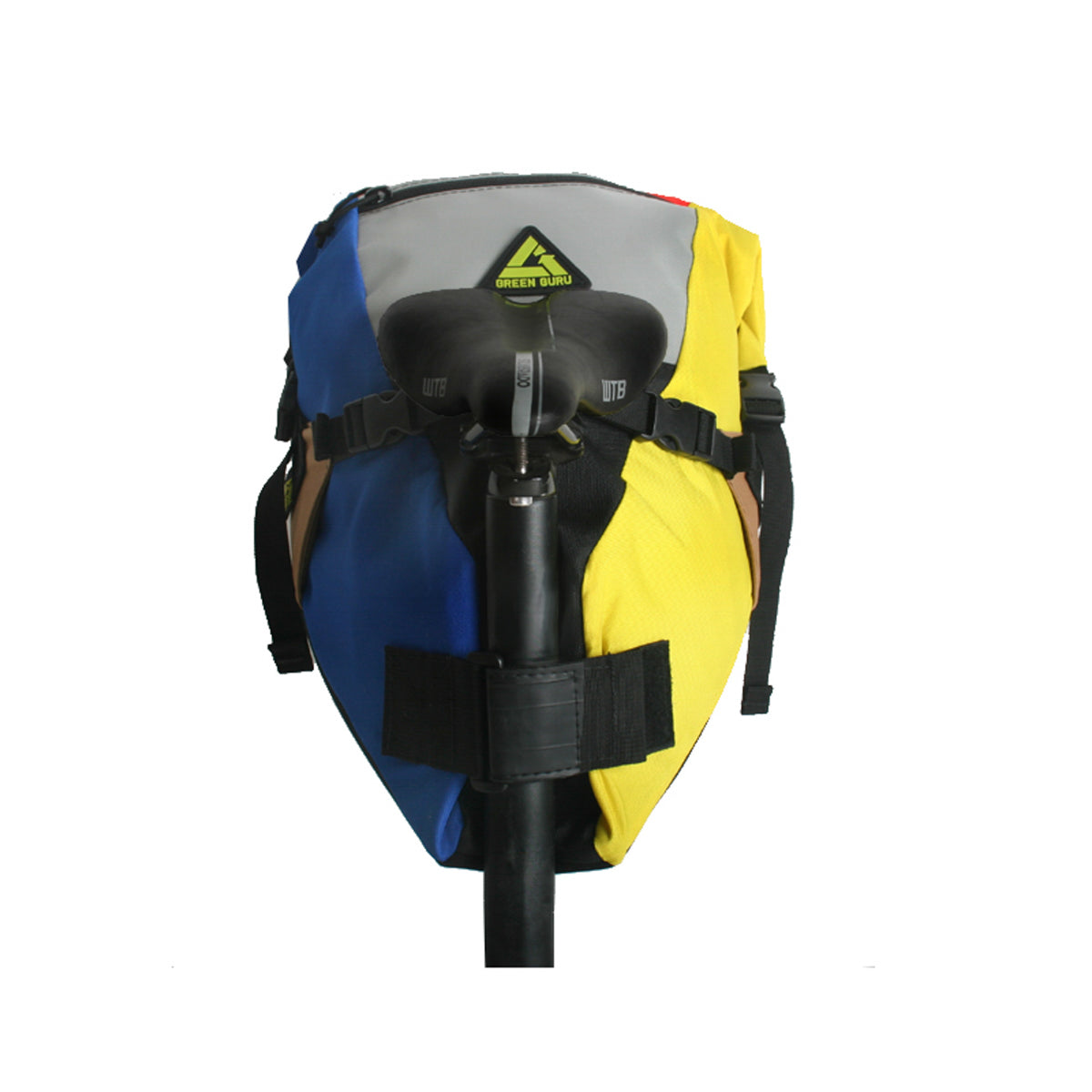 Green Guru Hauler Bike Pack saddle and messenger bag attached to a bike, showcasing durable, eco-friendly gear from ZEITBIKE.