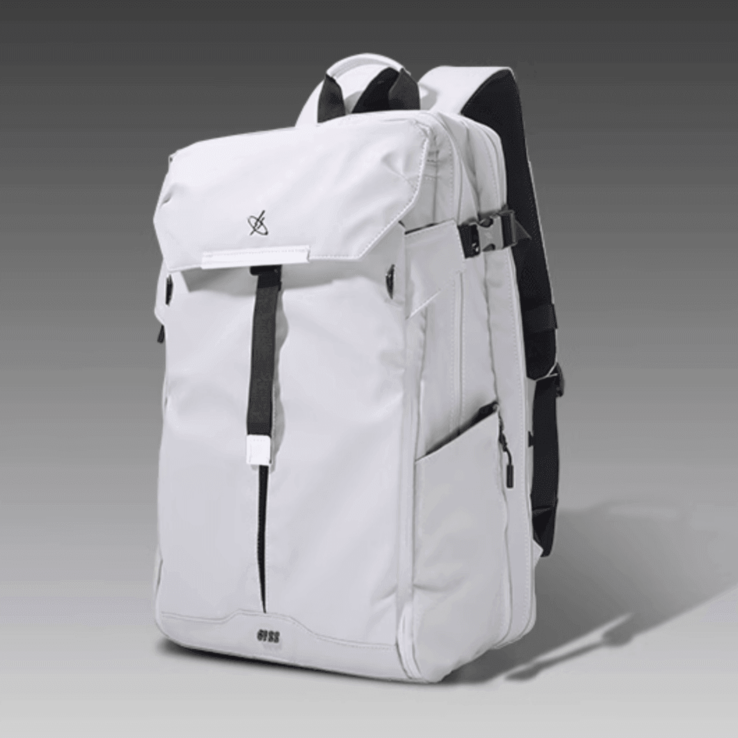 Expandable GYXX™ Zues motorcycle backpack by Bean's Moto Booth, showing its sleek design and adjustable straps on a neutral background.