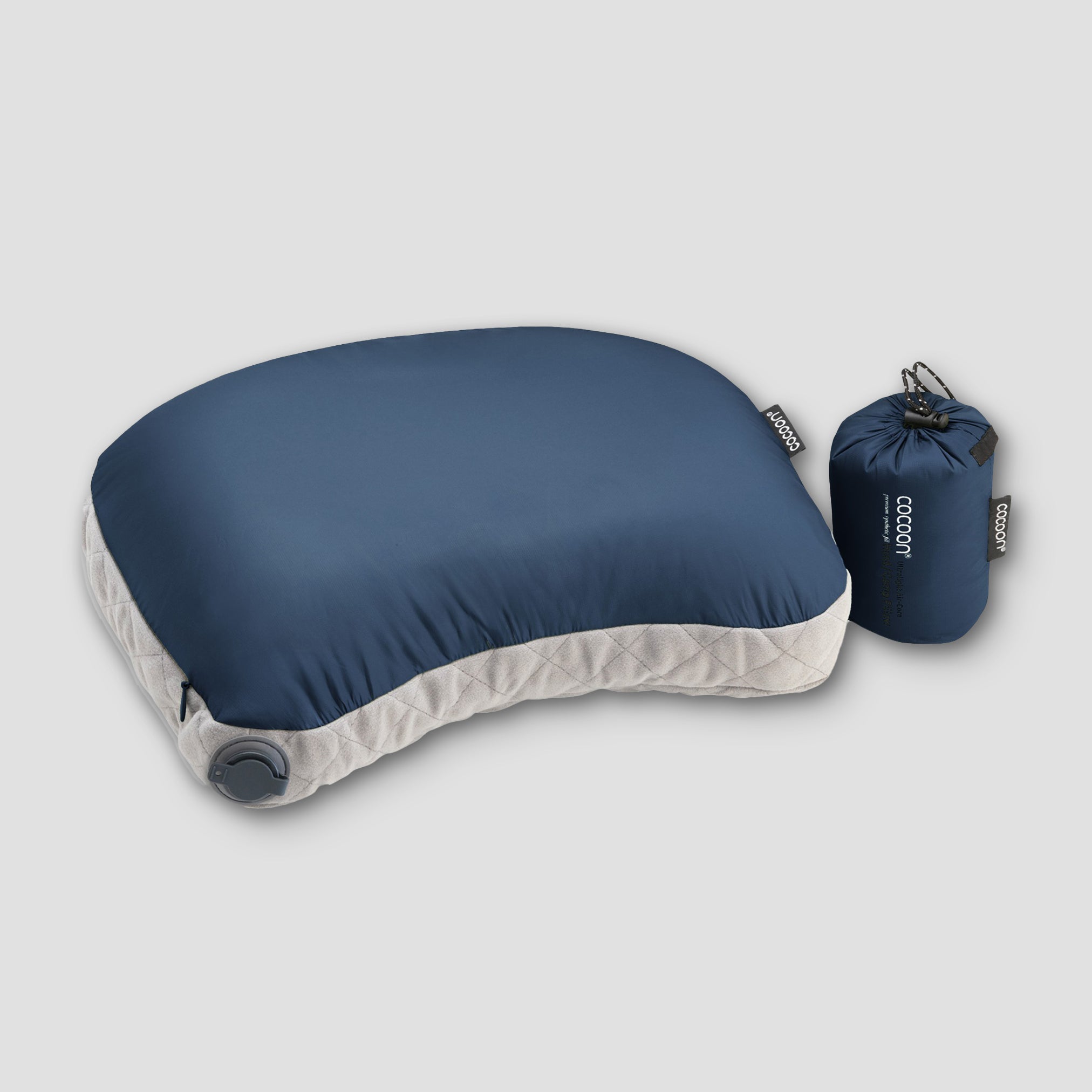 COCOON Ultralight AirCore Hood Pillow with adjustable air chamber, soft fabric cover, and compact design for travel comfort.