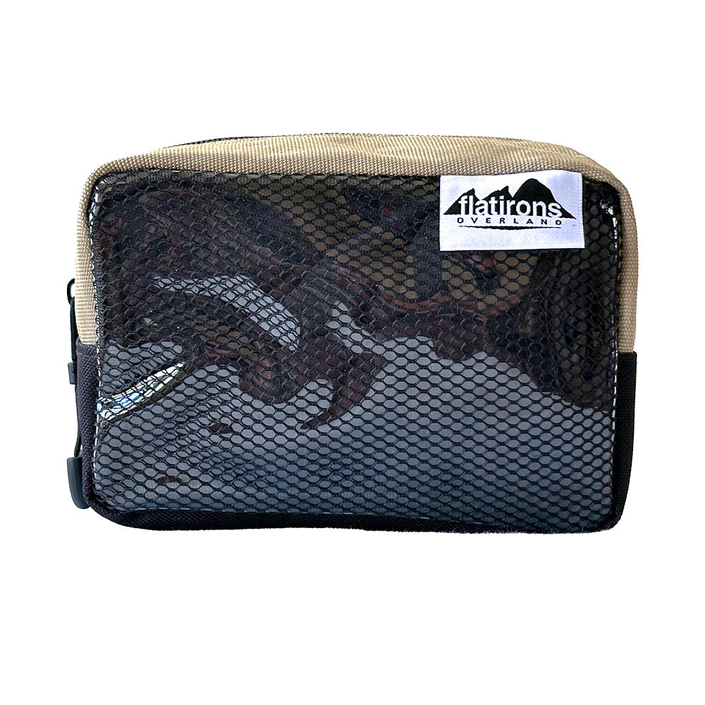Flatirons Overland RiPouch™ Velcro Bag in half size, shown with open Velcro closure and interior compartments.