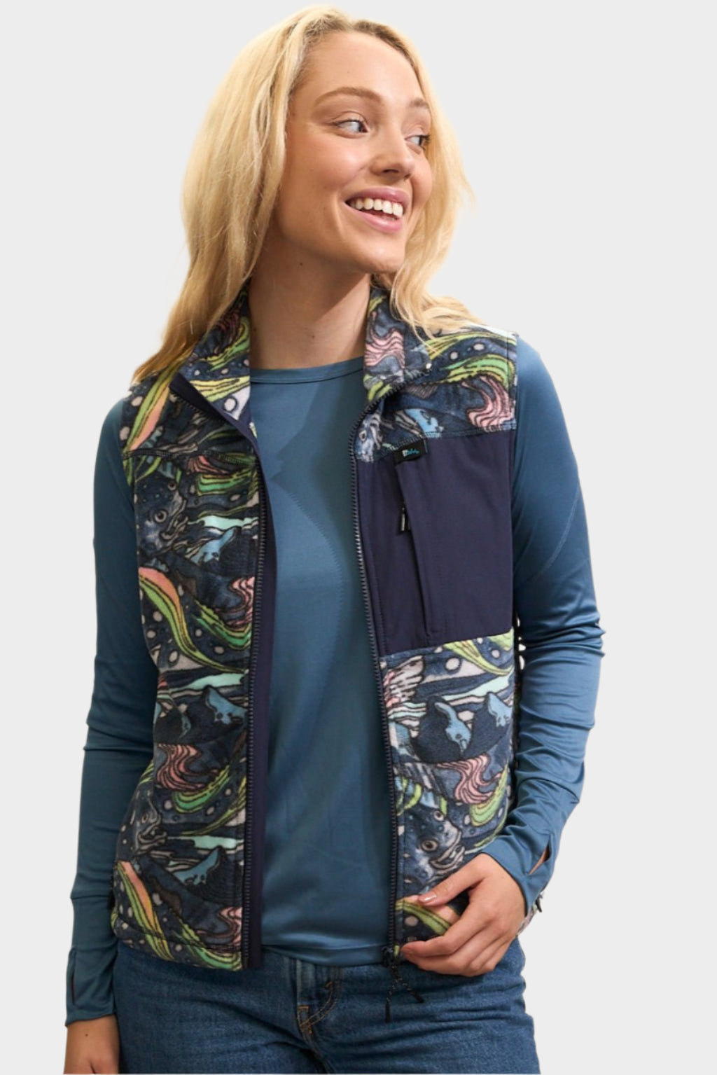 FisheWear HaliBorealis fleece vest in blue with front zipper and stand collar, lightweight and cozy for outdoor wear