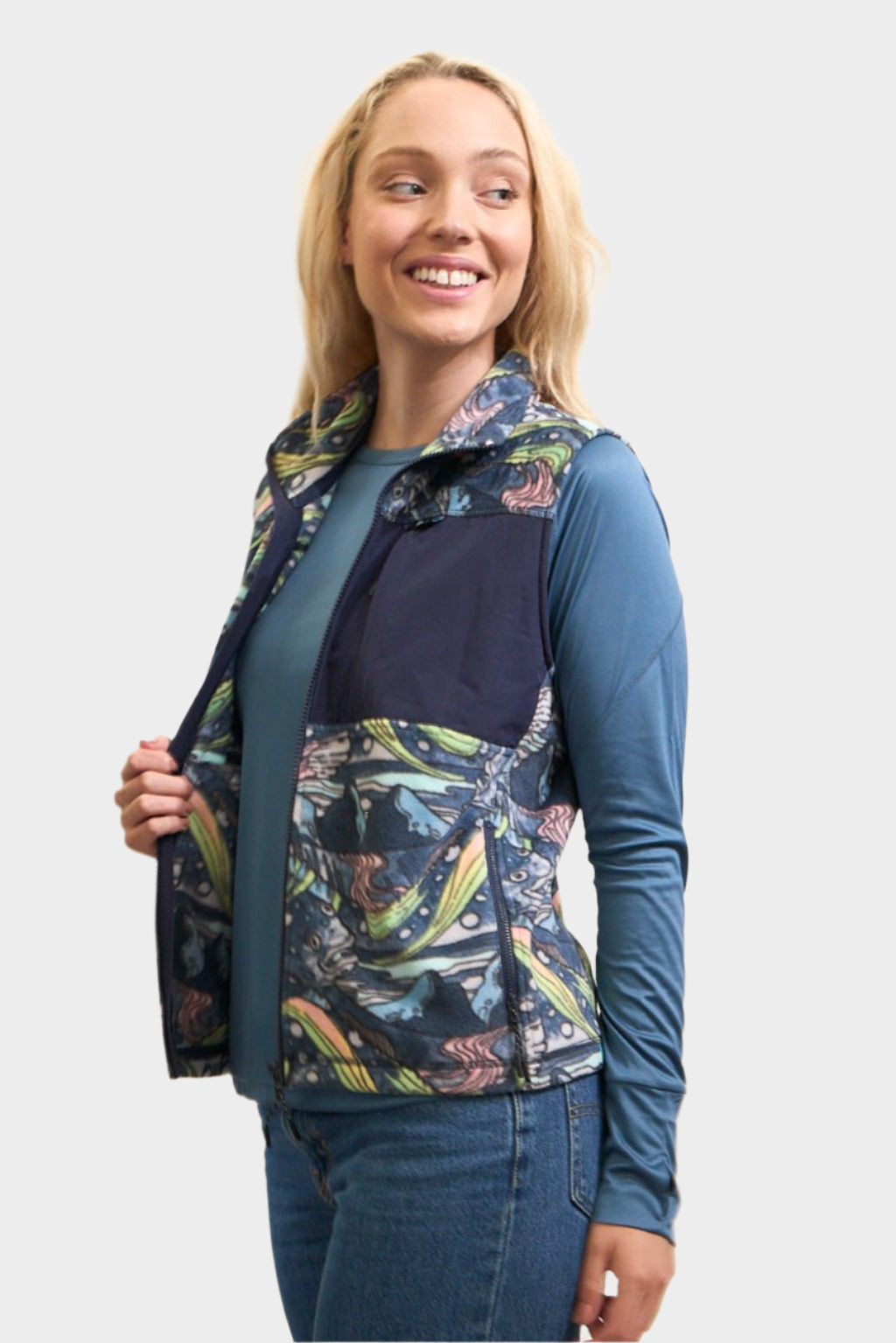 FisheWear HaliBorealis fleece vest in blue, lightweight fleece with zip front and stand collar, ideal for outdoor layering.
