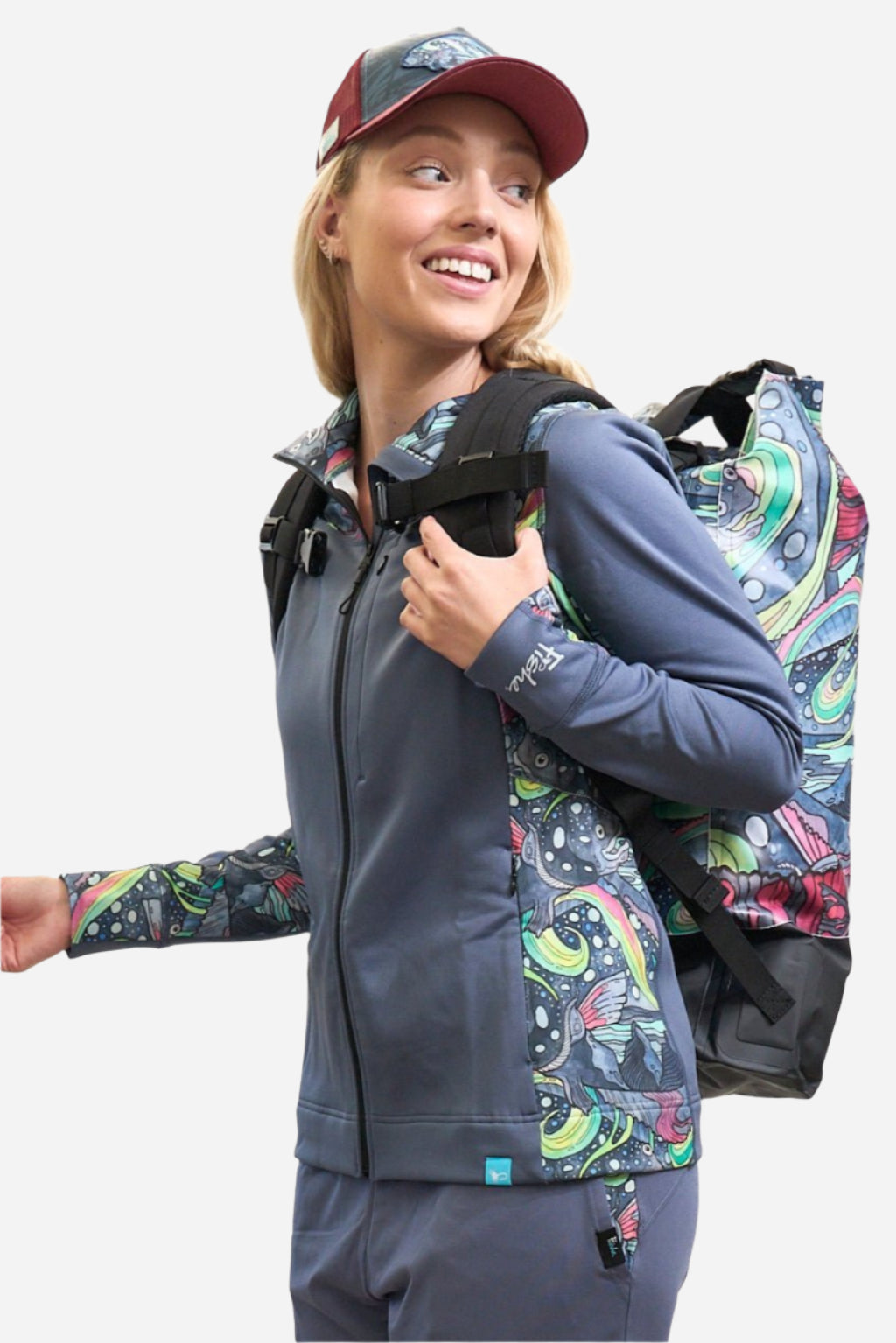 FisheWear HaliBorealis Midlayer Jacket in navy, lightweight outdoor jacket with full zipper and stand-up collar, on white background.