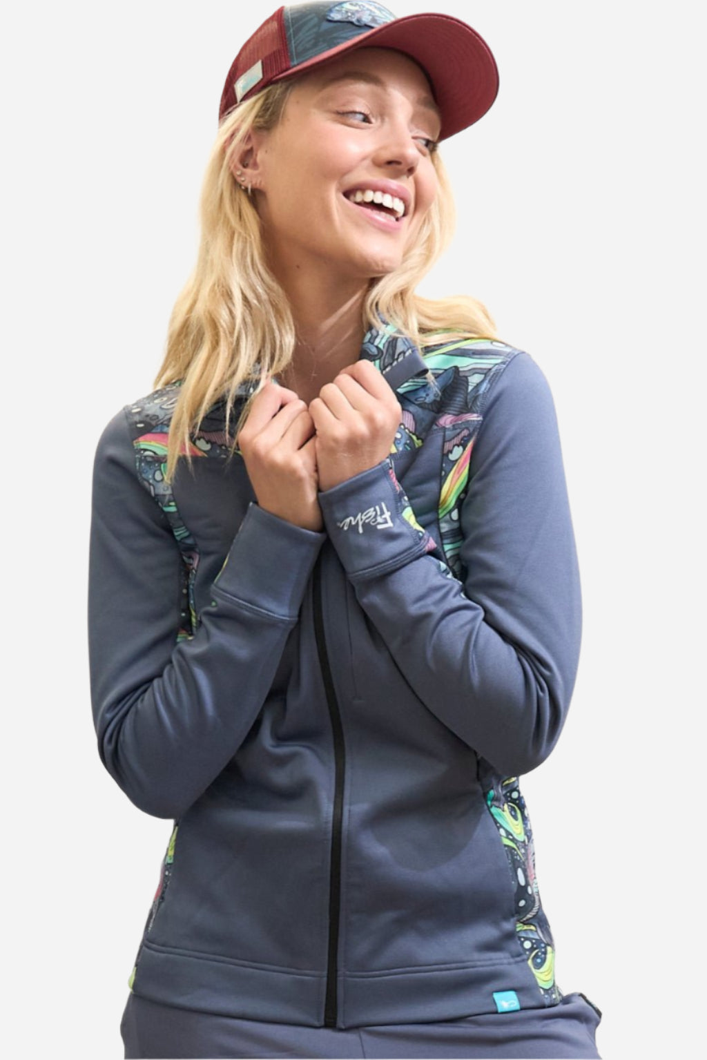 FisheWear HaliBorealis Midlayer Jacket in navy, lightweight with full zip and stand-up collar, designed for outdoor layering.
