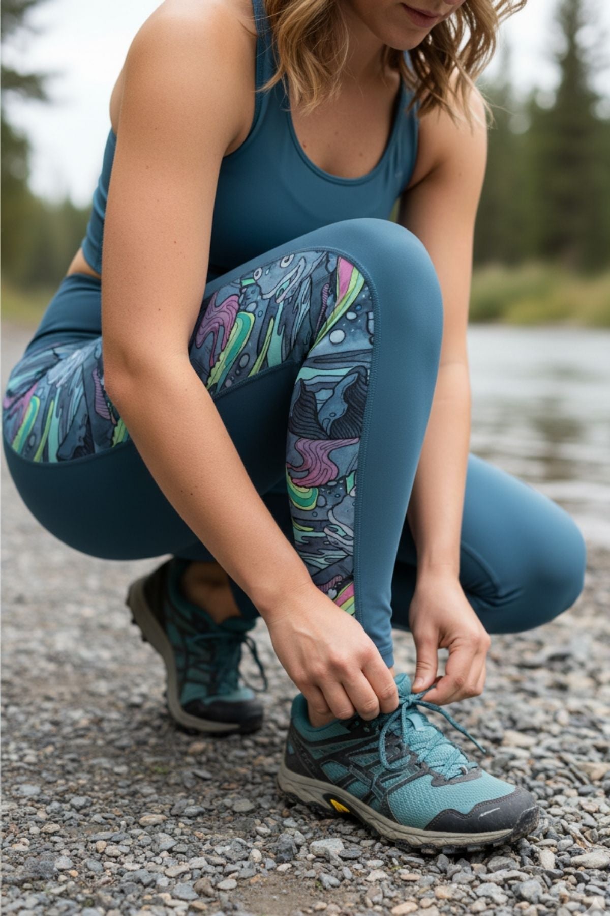 FisheWear HaliBorealis Pocket Leggings showing a close-up of vibrant, patterned fabric with side pockets and a comfortable fit.
