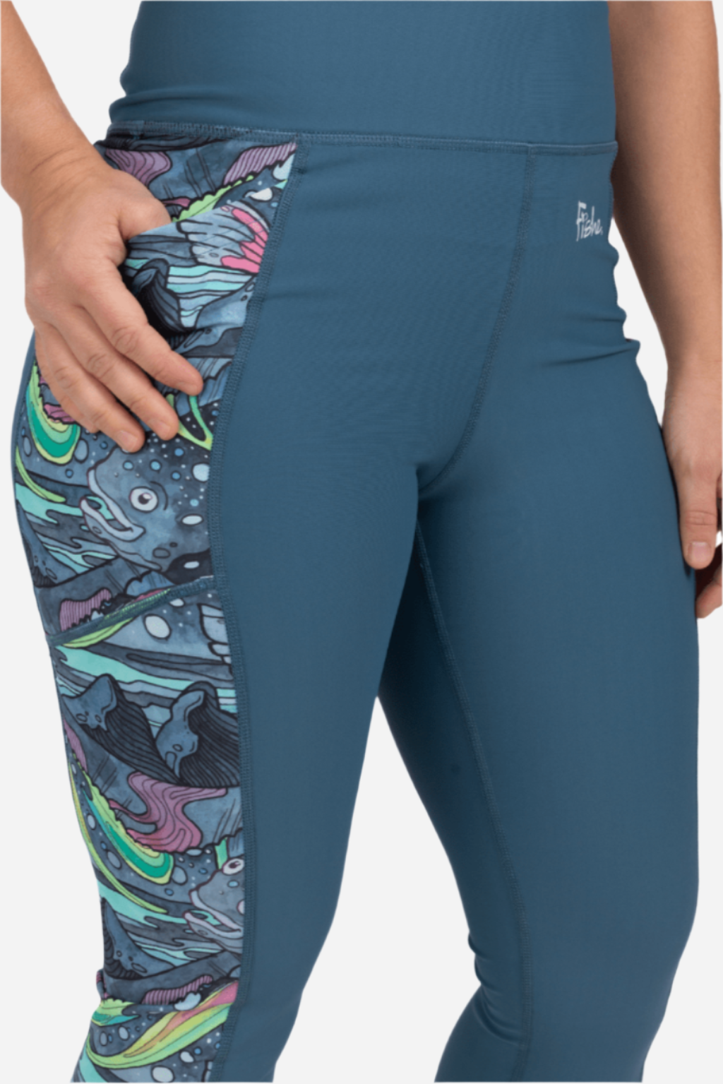 FisheWear HaliBorealis Pocket Leggings featuring a colorful, abstract pattern and convenient side pockets for active wear.