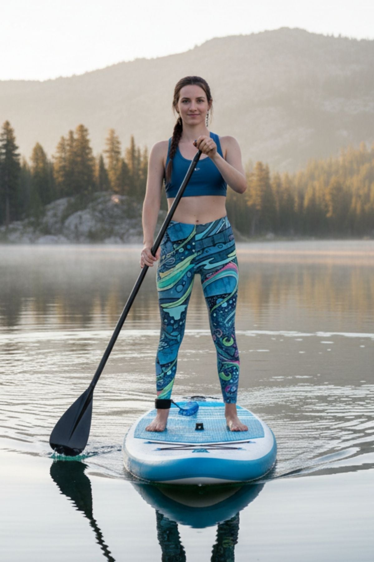 FisheWear HaliBorealis Sports Bra with colorful pattern, supportive design, and breathable fabric for active wear.