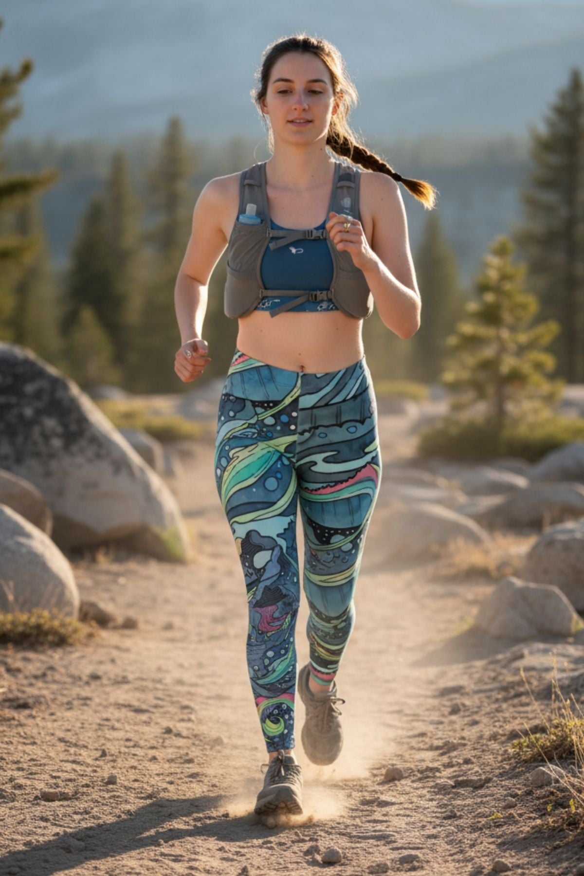 FisheWear HaliBorealis sports bra in vibrant blue with supportive design, breathable fabric, and racerback style for active wear.