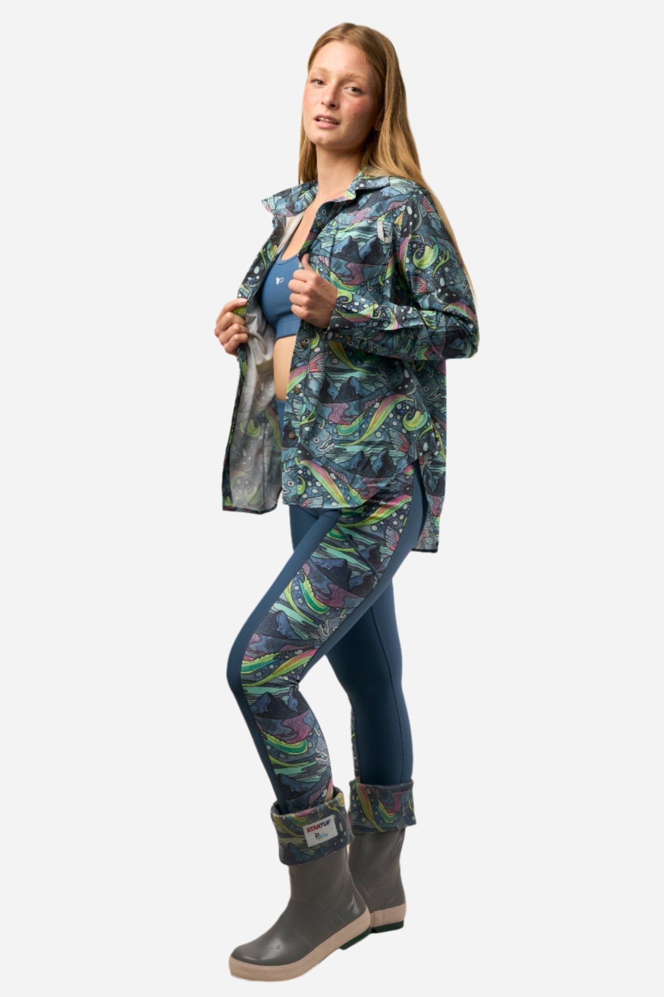 FisheWear HaliBorealis Tunic Fishing Shirt with long sleeves, lightweight fabric, and nautical design for outdoor fishing activities.