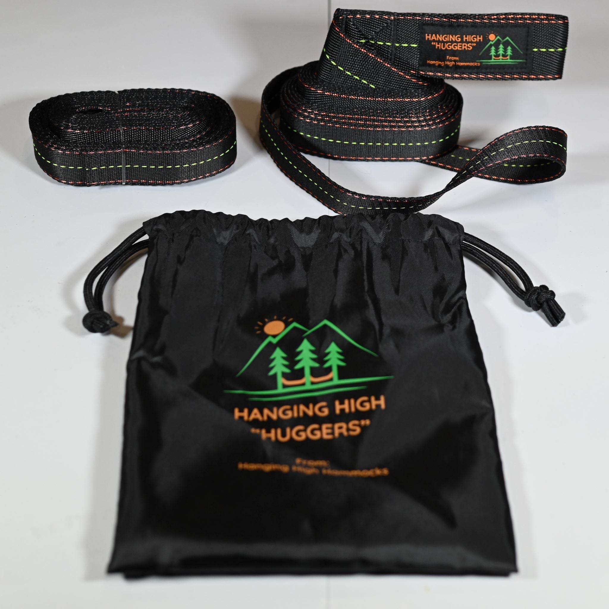 Pair of lightweight Huggers Tree Straps by Hanging High Hammocks for hammock camping and outdoor tree hanging accessories.