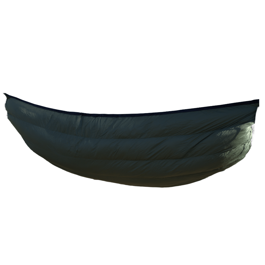 Hanging High Hammocks EmberNest Underquilt 30°F rated for hammocks, shown in a cozy outdoor setting with insulation material visible.
