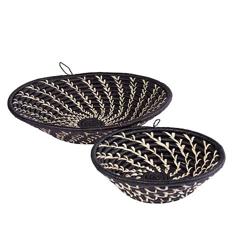 Large black and white woven African basket set by Reflektion Design, handwoven raffia wall baskets for home decor.
