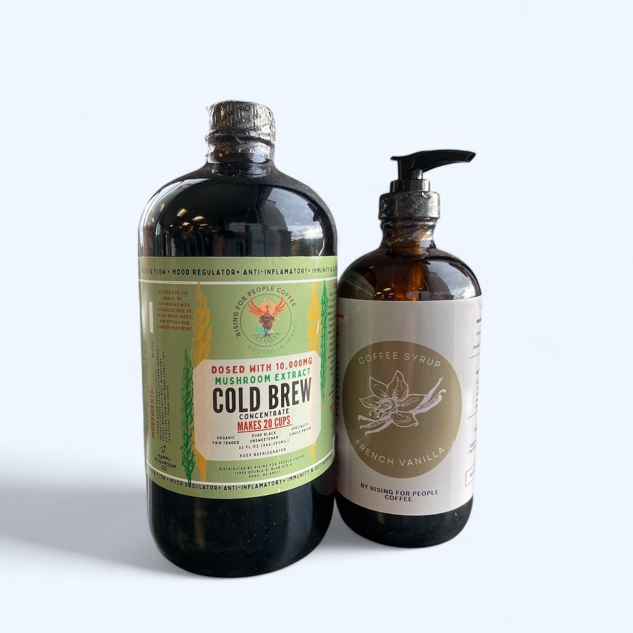 Happy Mushroom Cold Brew and French Vanilla Coffee Syrup by Rising For People Coffee Co. in a glass with syrup drizzled inside.