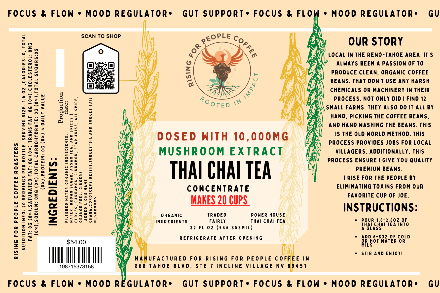 Happy Mushroom Thai Chai Tea concentrate in a glass, with a vibrant, spicy appearance, brewed by Rising For People Coffee Co.