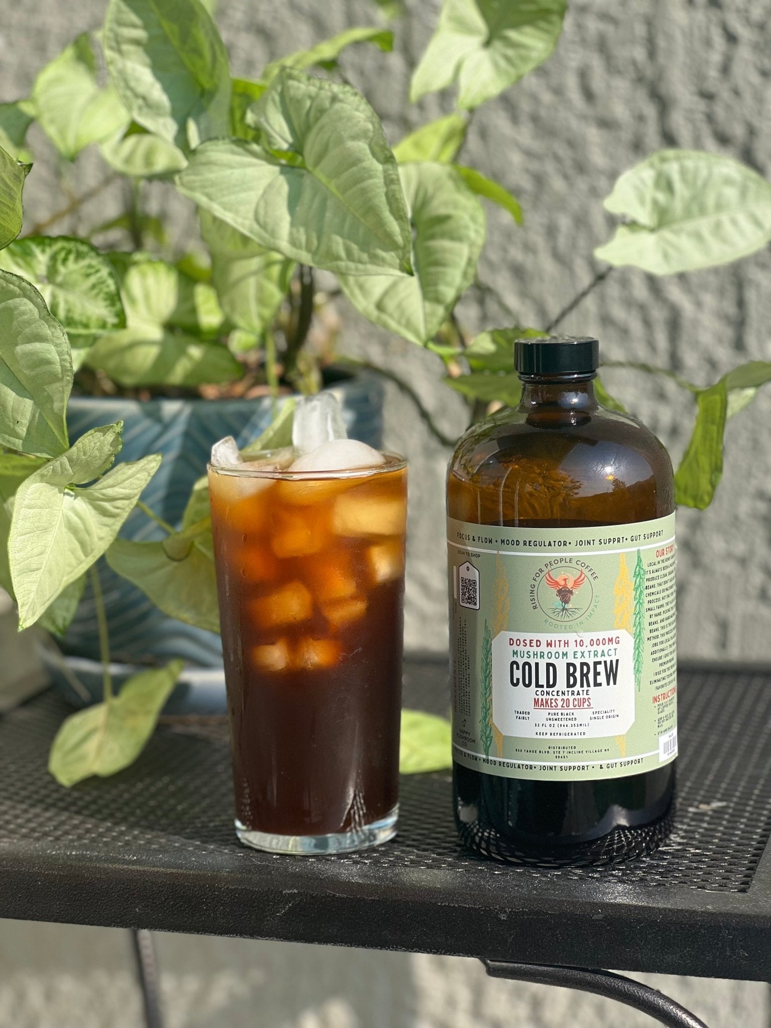 Happy Mushroom Cold Brew coffee concentrate from Rising For People Coffee Co. in a bottle with a label showing mushroom and coffee imagery.