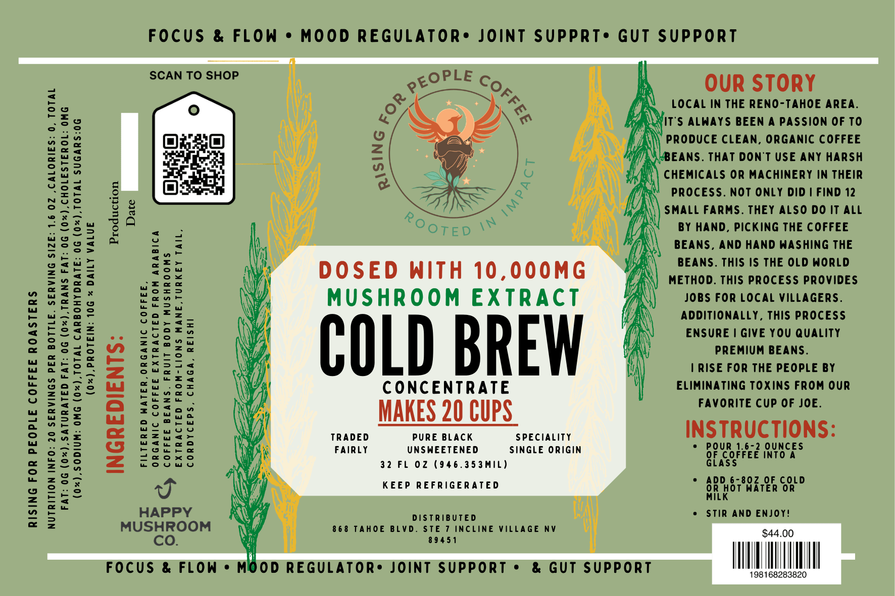 Happy Mushroom Cold Brew coffee concentrate by Rising For People Coffee Co., featuring a vibrant label with mushroom and chai elements.
