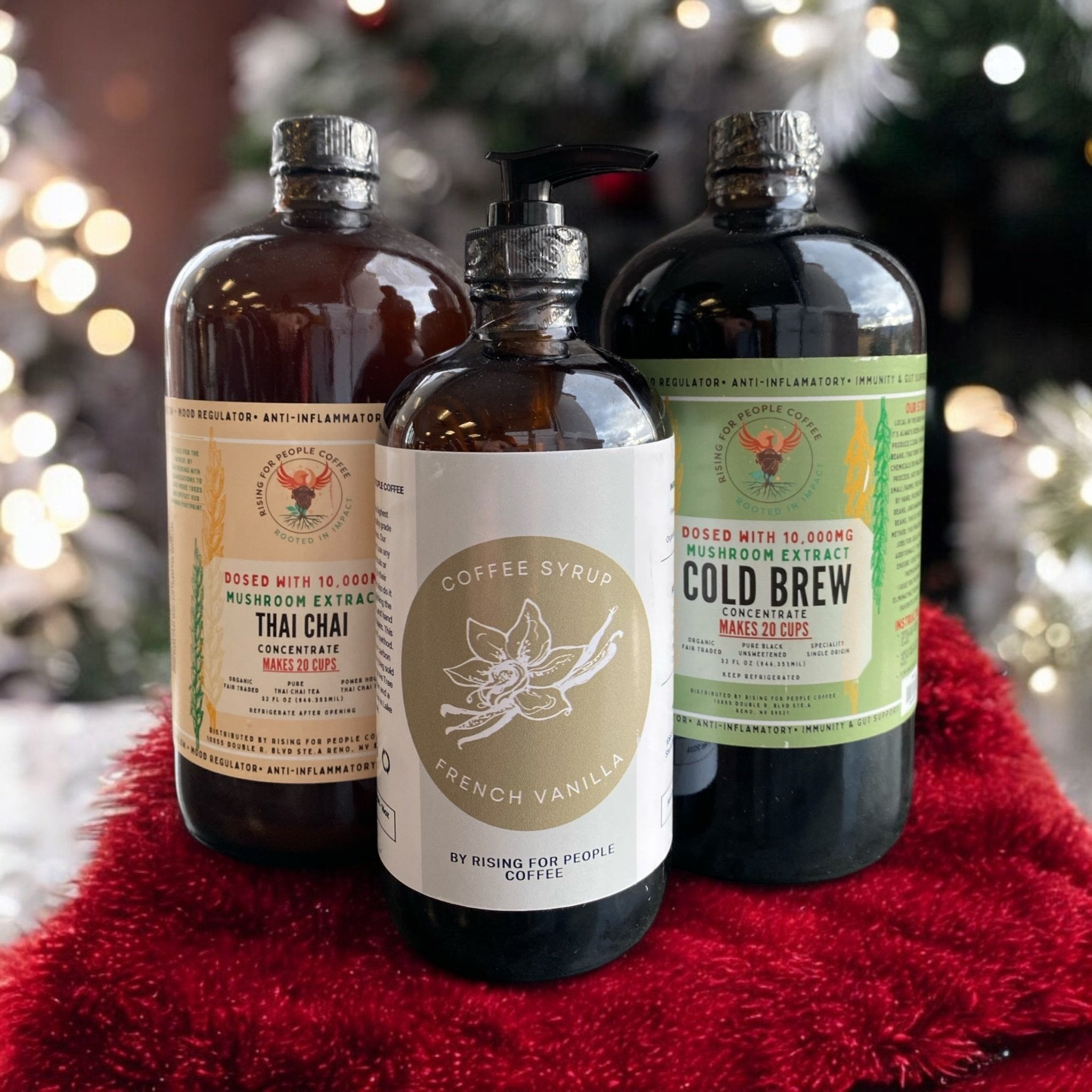 Rising For People Coffee Co. Happy Mushroom Collection with French Vanilla Syrup in a coffee cup with mushrooms and vanilla-flavored syrup.