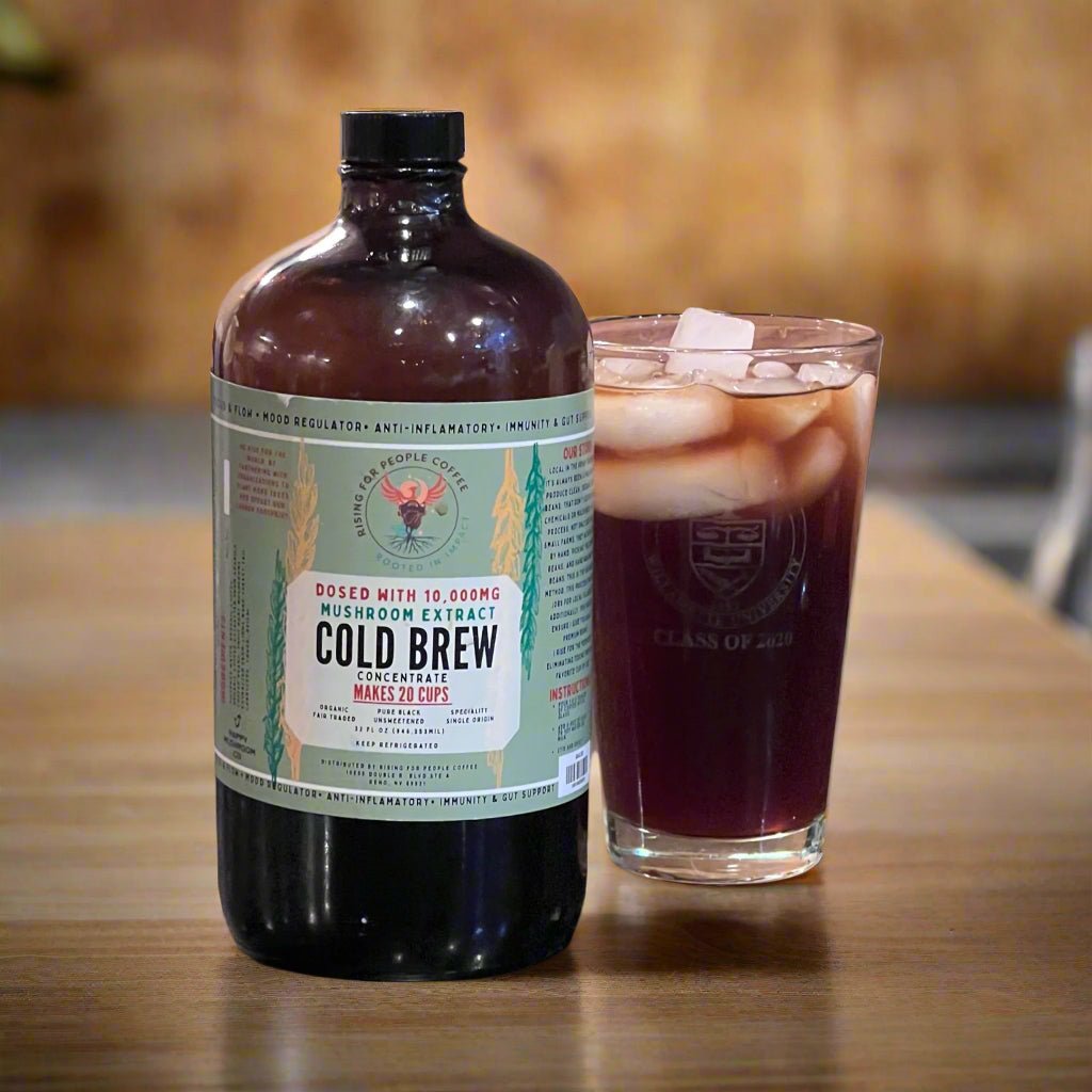 Happy Mushroom concentrated Cold Brew coffee by Rising For People Coffee Co. in a sleek bottle with a vibrant mushroom label.