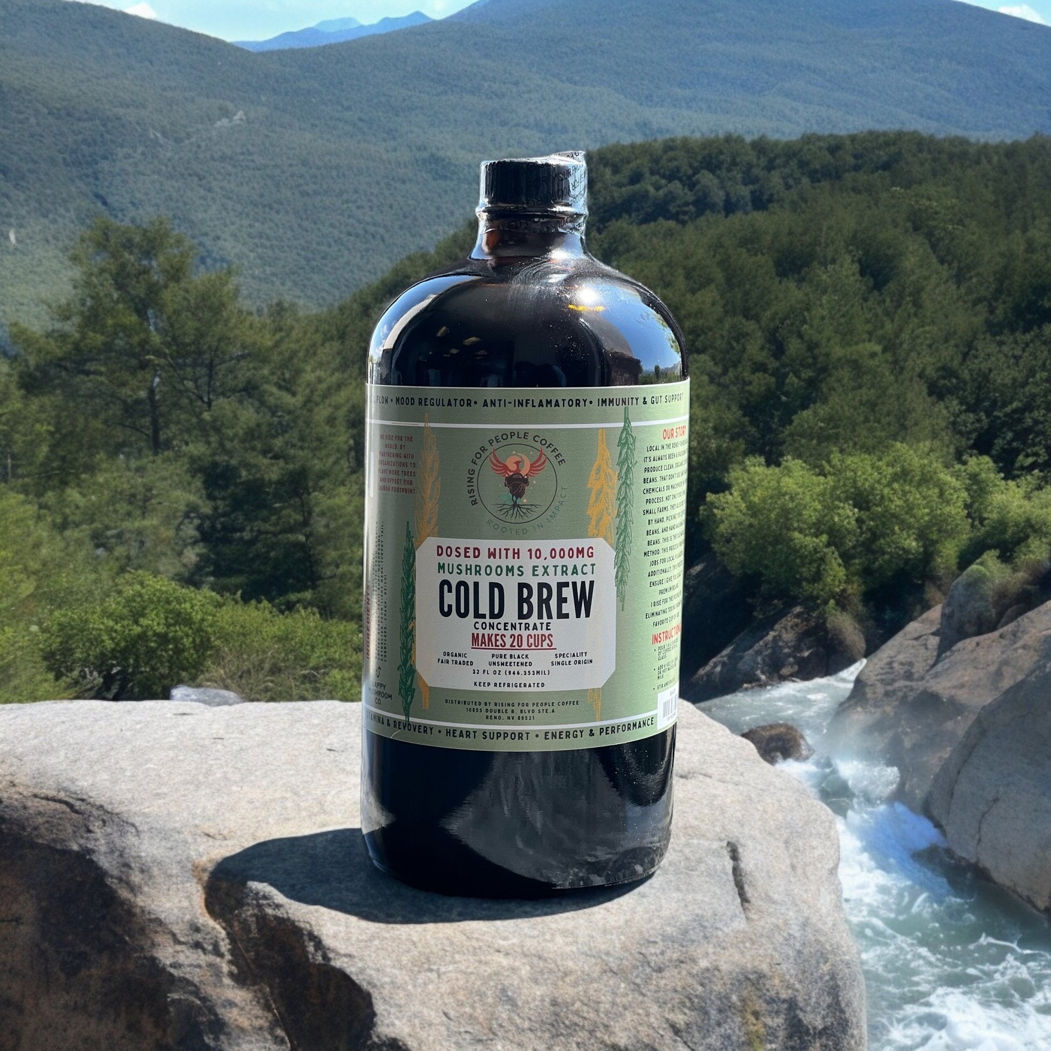 Happy Mushroom concentrated cold brew coffee by Rising For People Coffee Co., featuring a dark, rich coffee beverage in a glass.