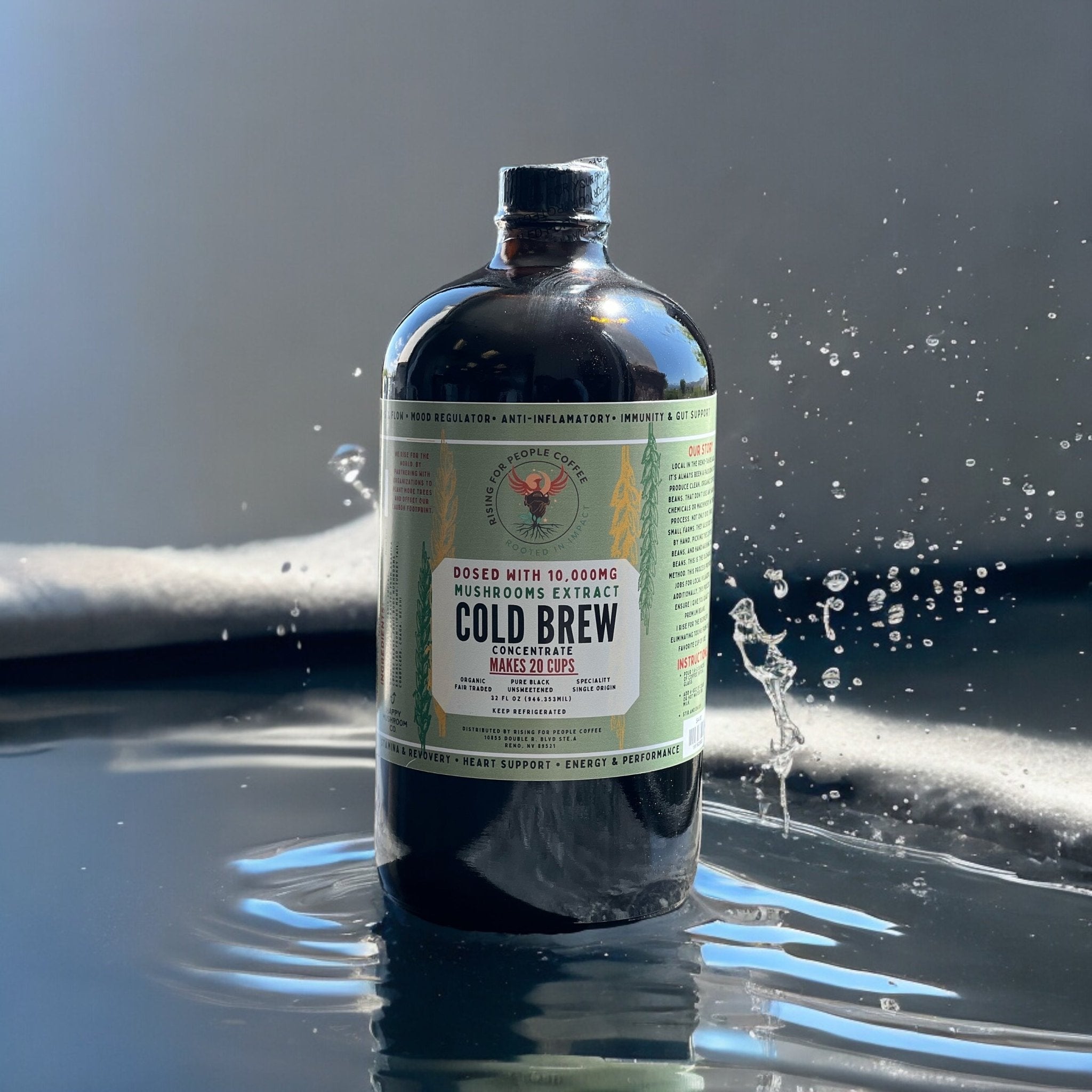 Happy Mushroom concentrated cold brew coffee by Rising For People Coffee Co., featuring a dark coffee beverage in a clear glass.