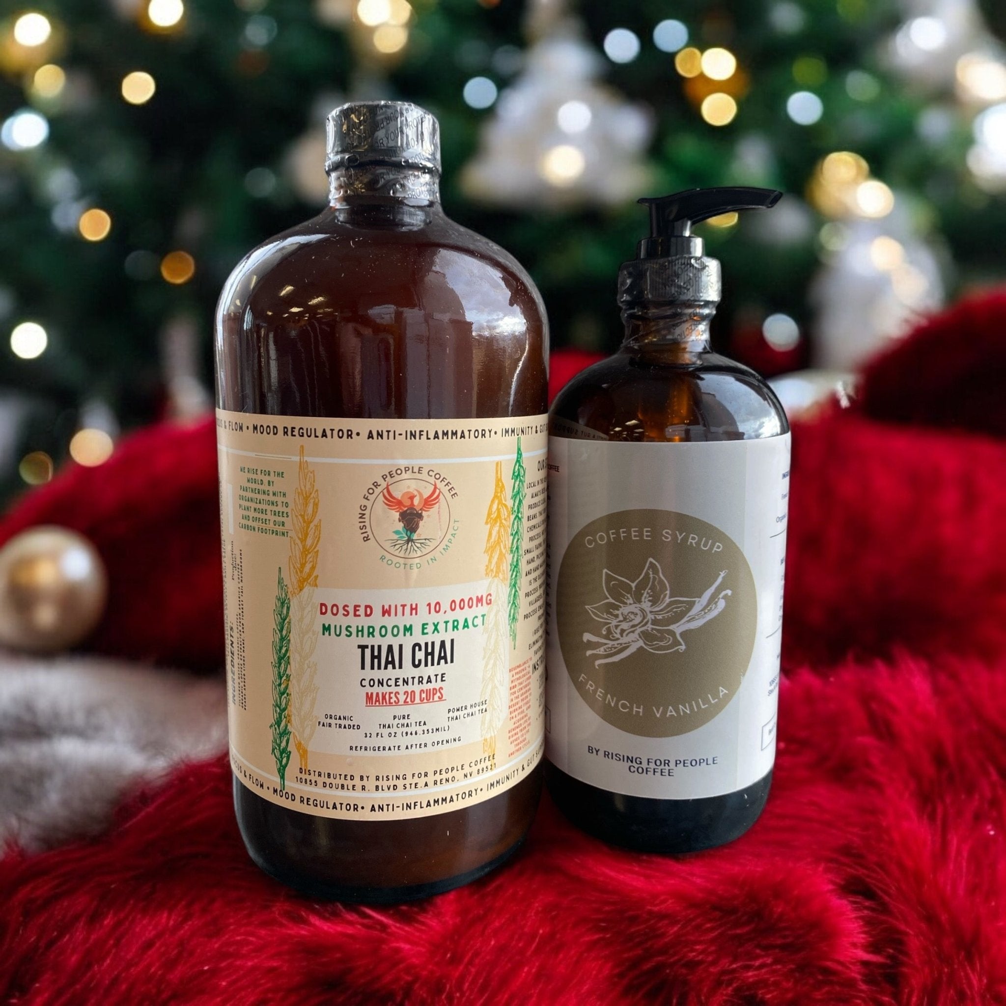 Bottle of Rising For People Coffee Co. Happy Mushroom Thai Chai and French Vanilla Syrup, used for flavoring coffee drinks.