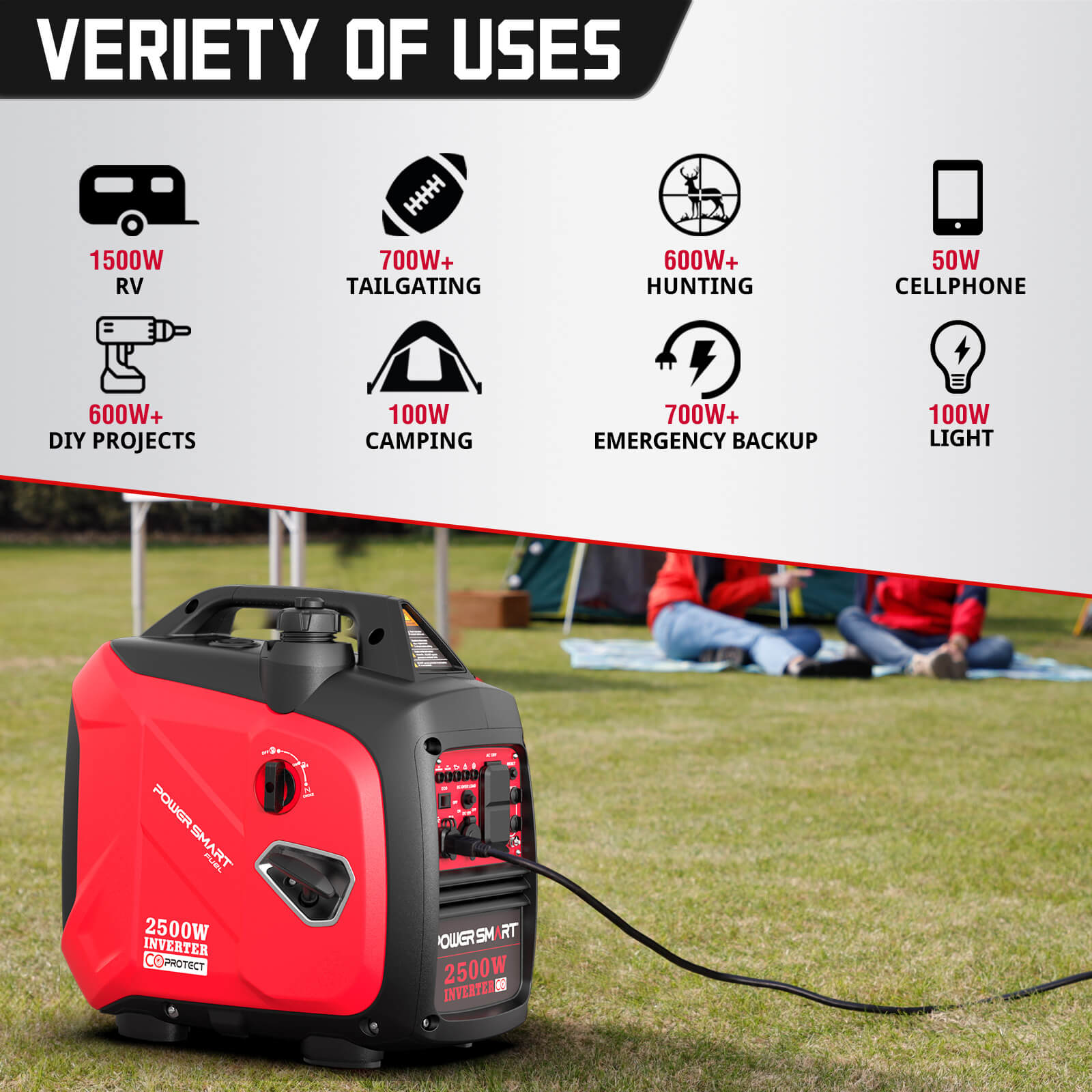 PowerSmart 2500W inverter gas generator with CO alert, compact home and garden backup power source, shown in black.